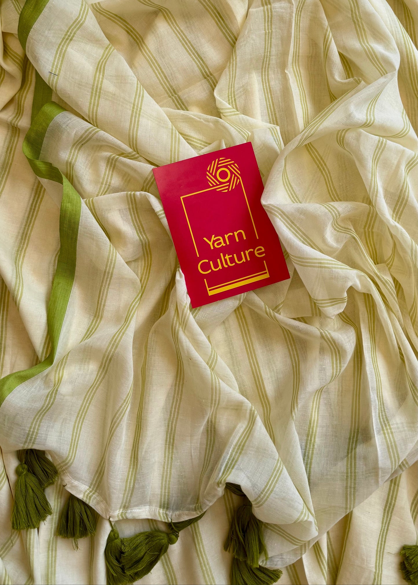 Ivory mul saree, green stripes - YCIEON23