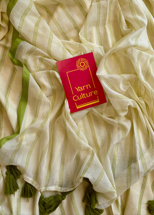 Ivory mul saree, green stripes - YCIEON23