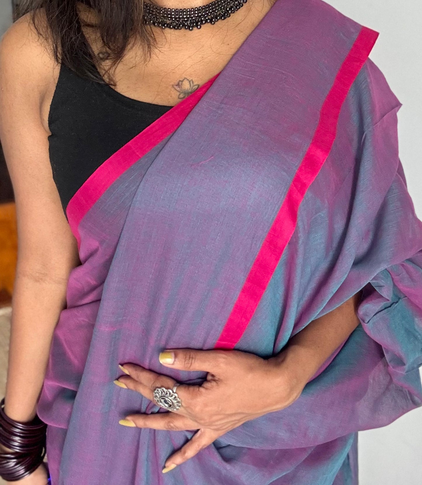 Dark lilac dual tone with pink and dark pink border mul cotton saree - YCBCMCFE227