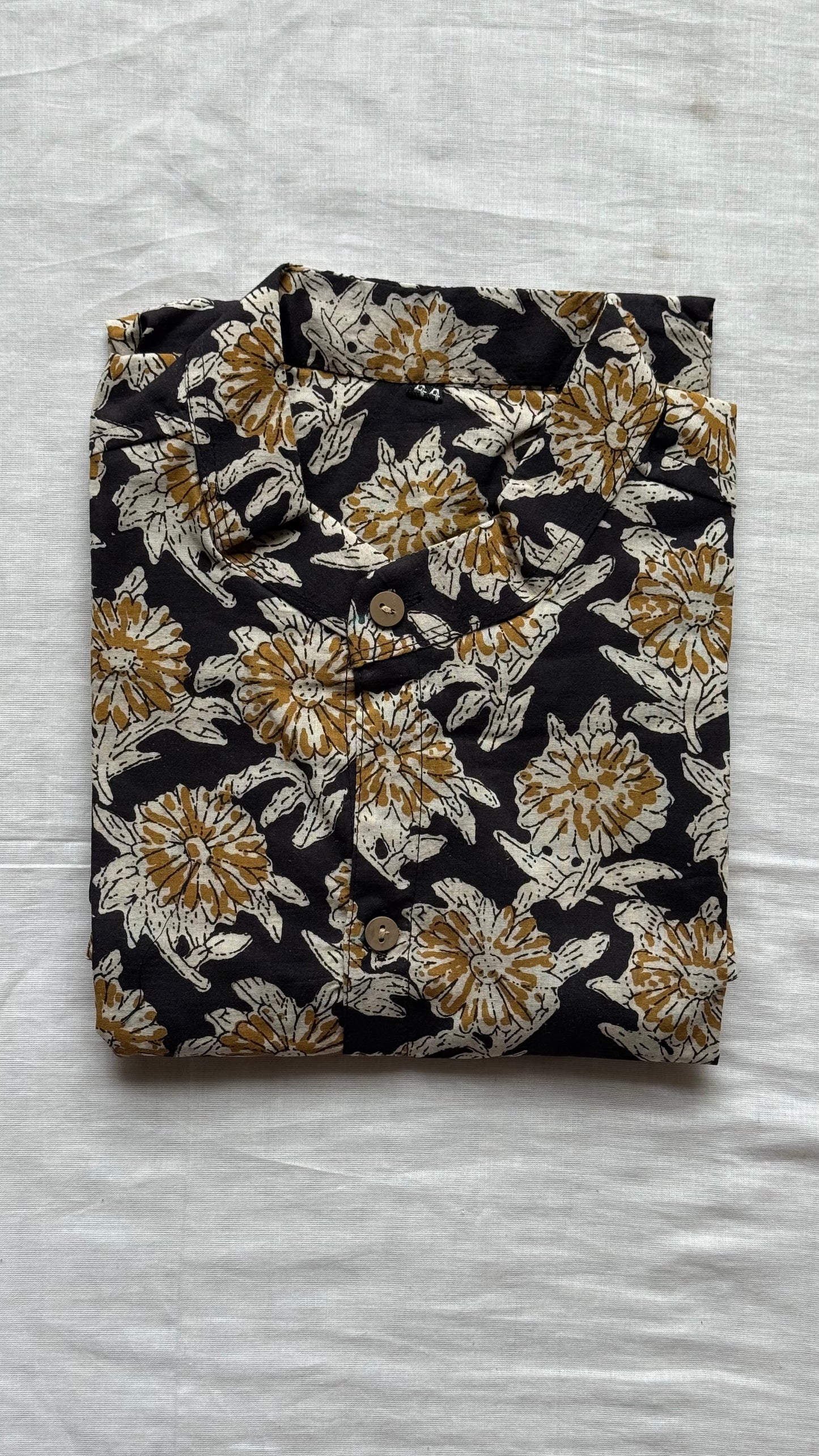 Black & Yellow Floral Block Printed Cotton Men's Half Sleeve Mandarin Collar Kurta Shirt - YCMSEIE190