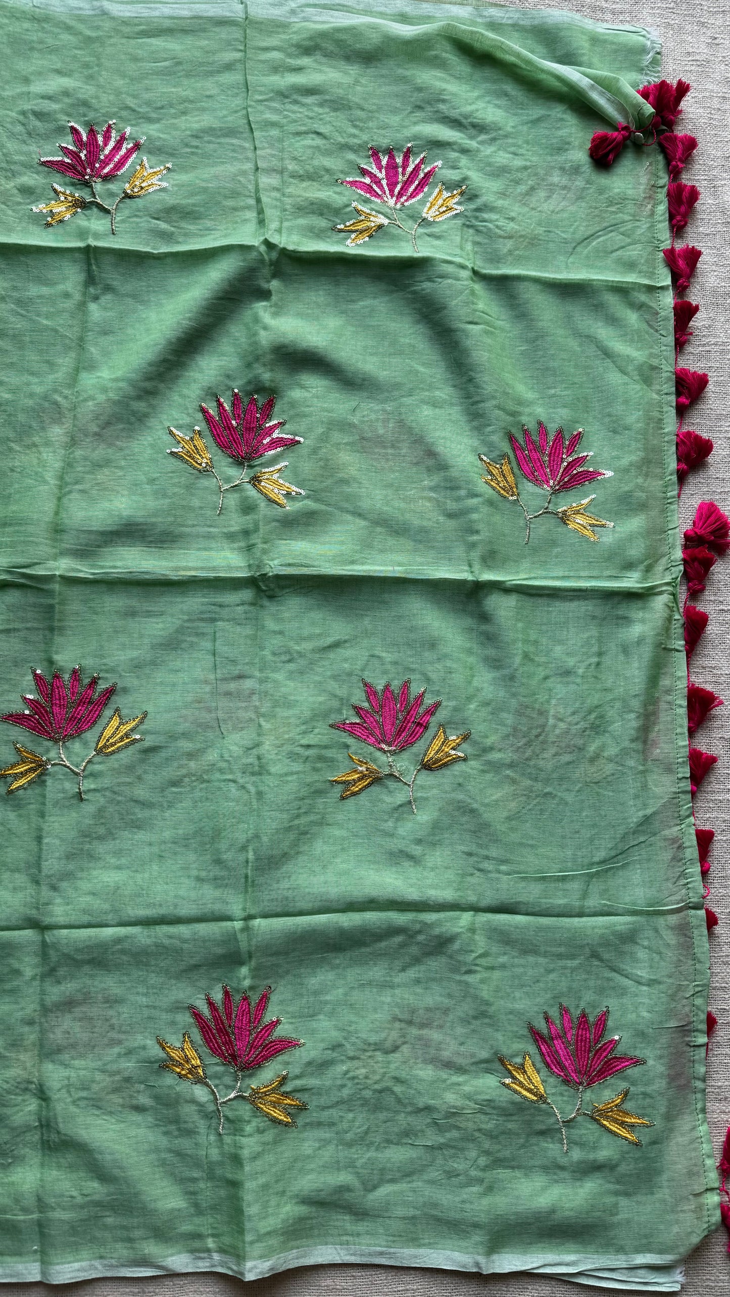 Mint green mul with lotus sequin embroidery - YCBCMCNO68