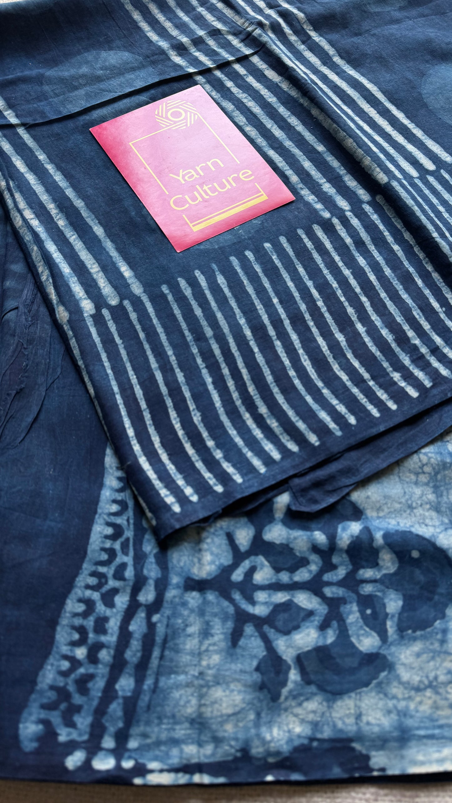 Indigo with circle and line motifs, block printed soft cotton saree - YCTORCMA24