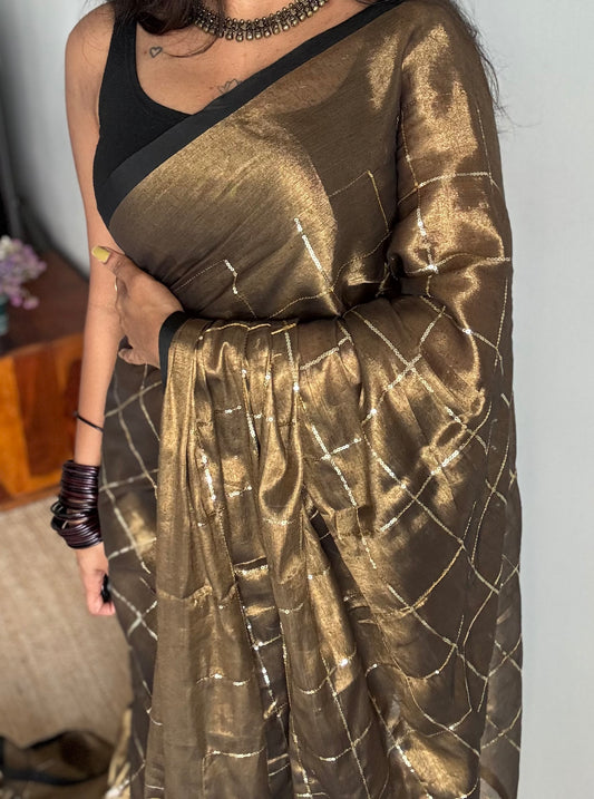 Bronze with black border, checkered sequins work, mul tissue - YCBCMCJA08