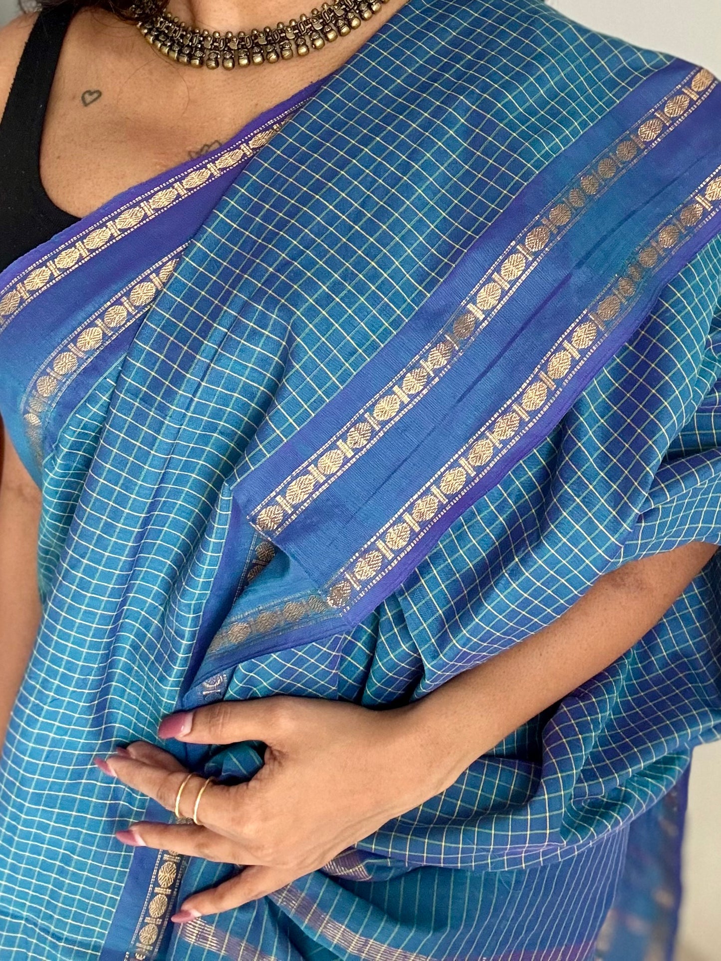 Peacock blue, arani checks saree, cotton silk - YCCOTNAUG21
