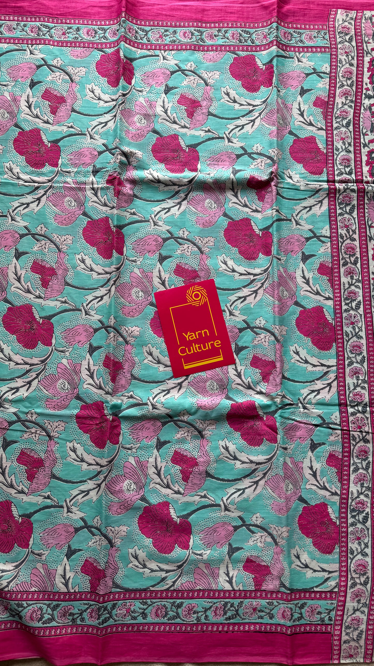 Turquoise floral soft cotton saree - YCTORCMA08