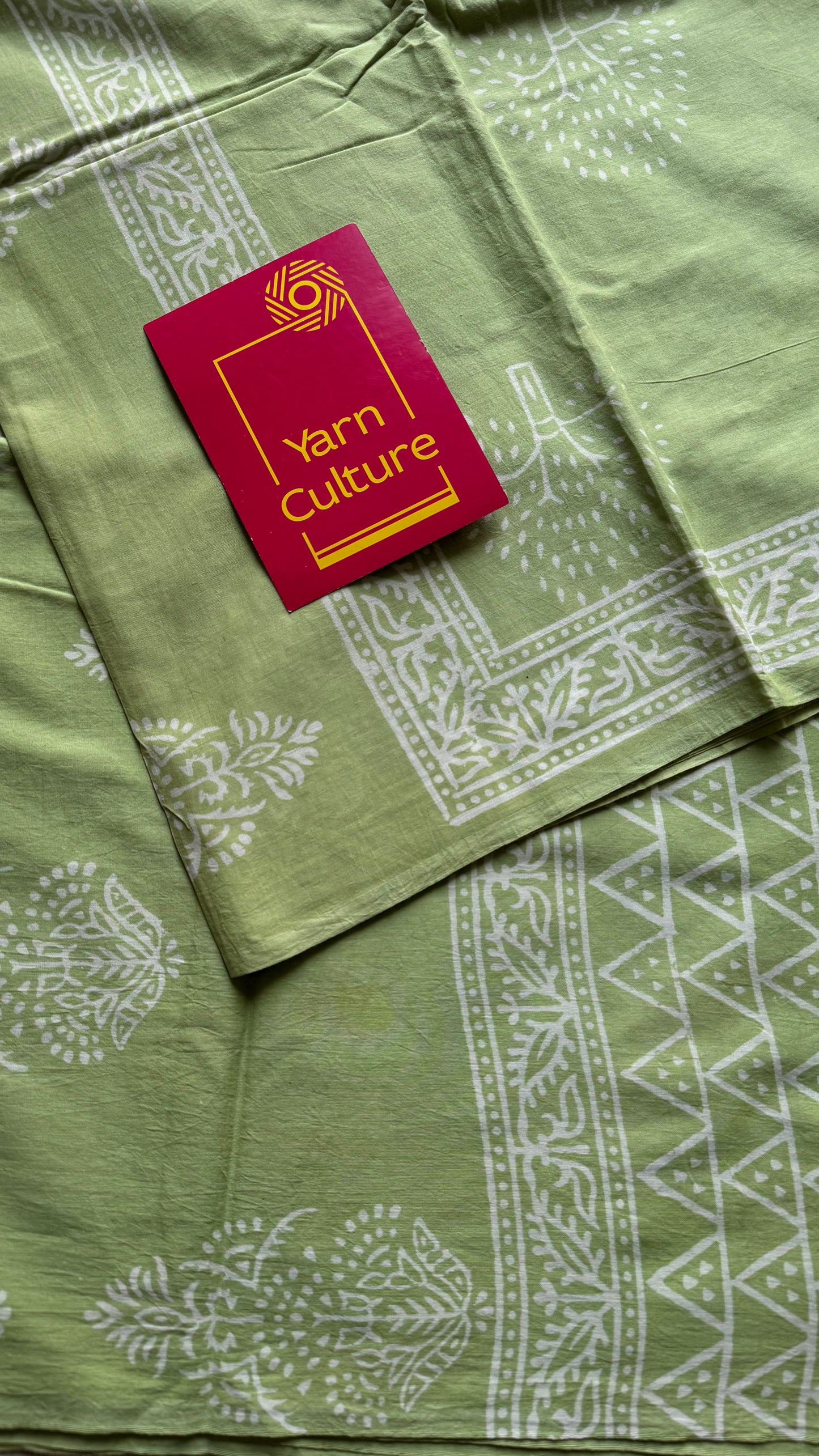 Pista green with off white tree motifs, block printed soft cotton saree - YCTORCMA19