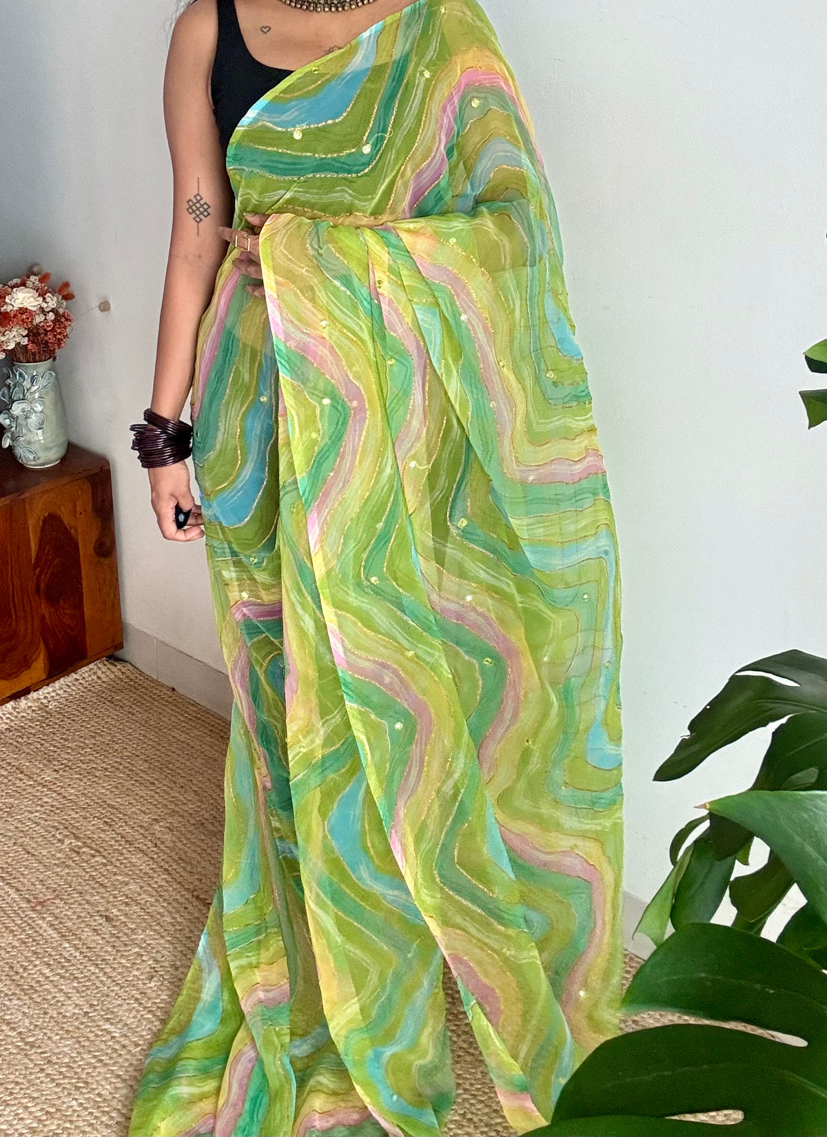 Green multicoloured leheriya chiffon saree with mirror work  - YCTORLOC97