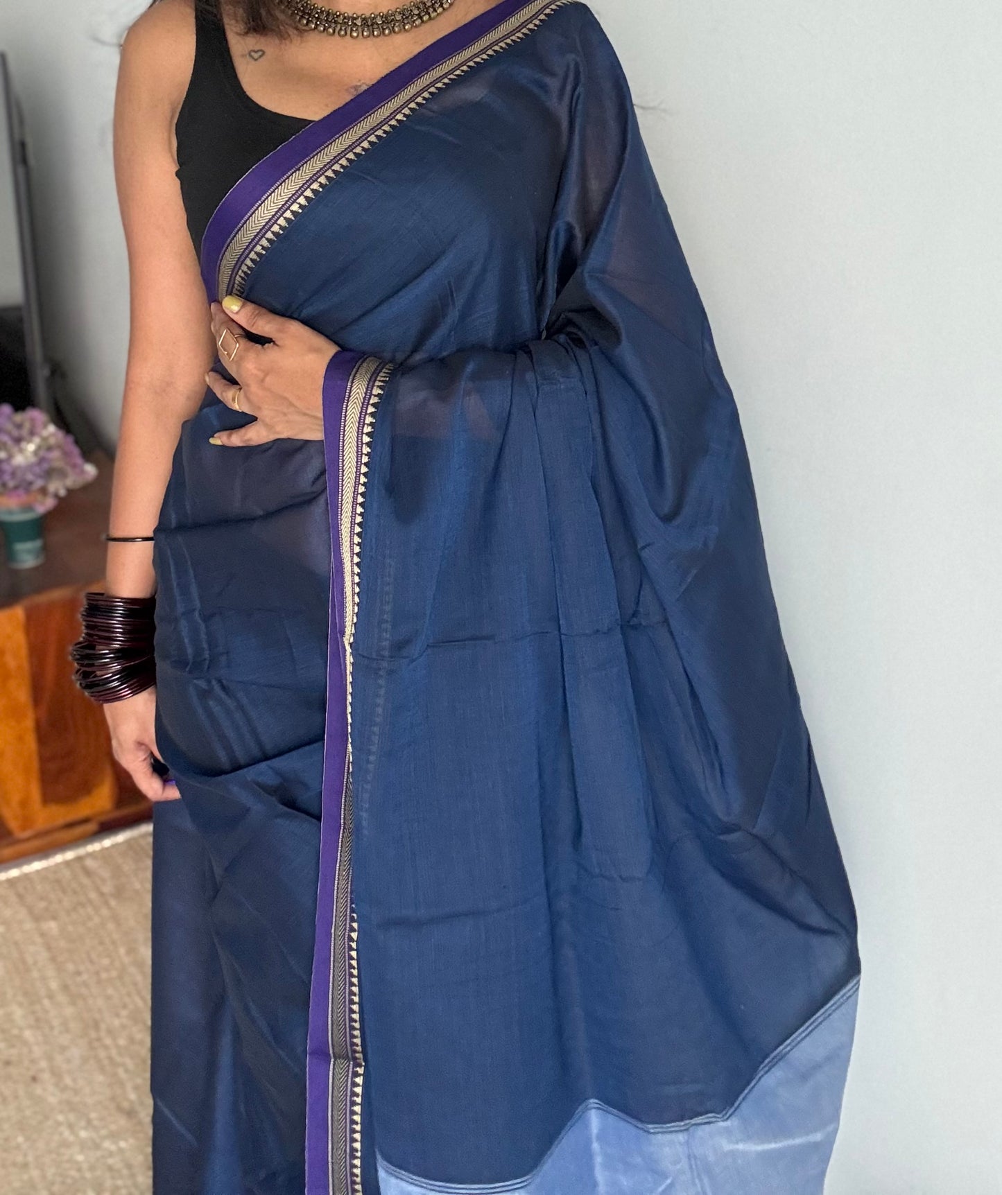 Navy blue with purple border narayanpet saree, soft cotton - YCWOTDNPFE35