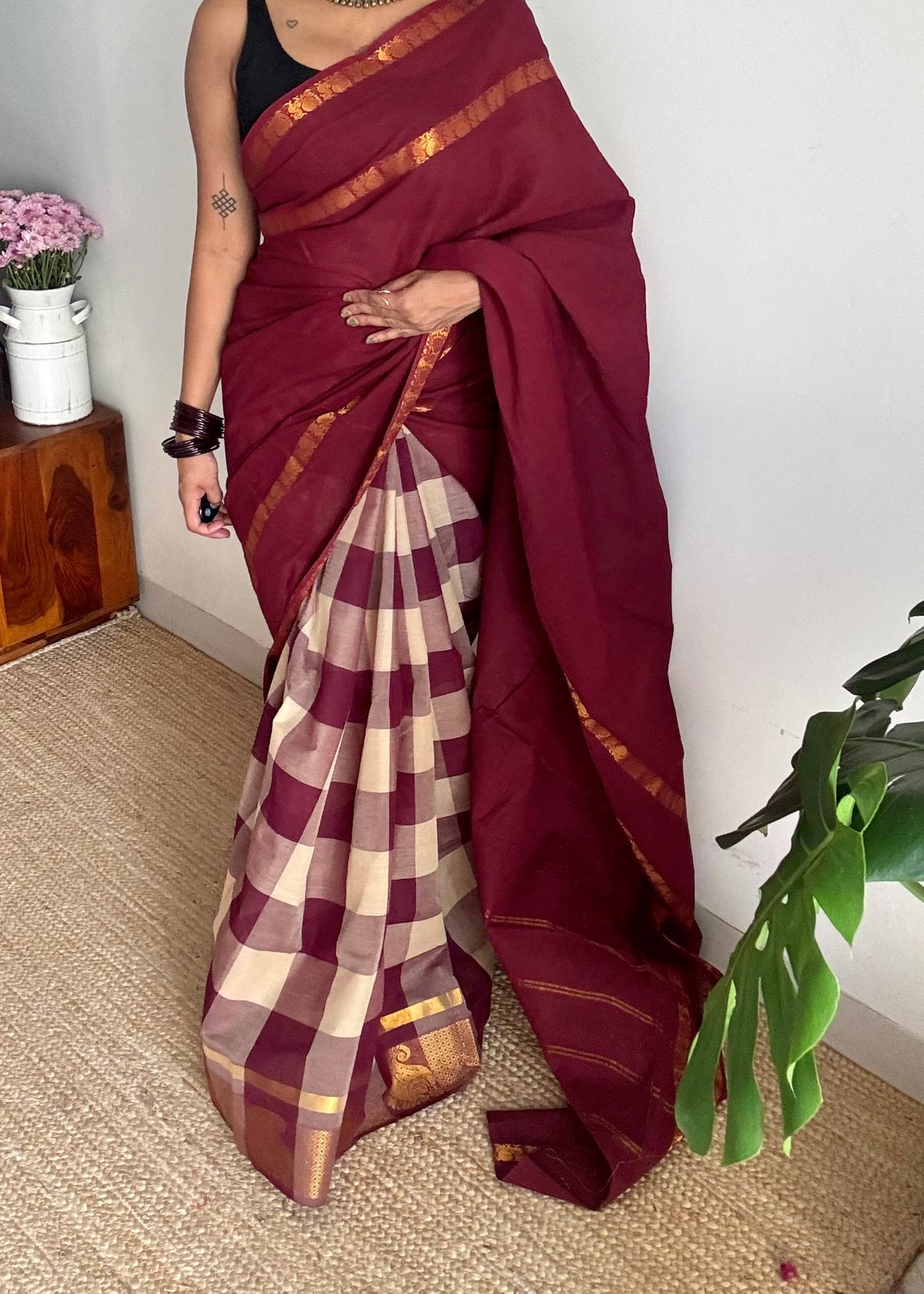 Maroon with multicoloured checks, cotton half and half saree - YCCOTNIDOC126
