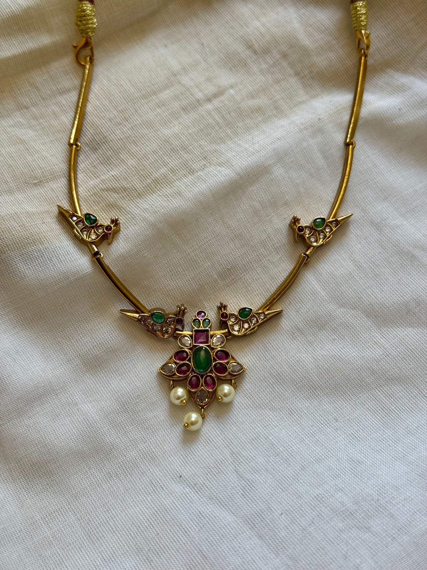 Green white ruby stones parrot hasli, floral pendant, with earrings - YCGPNP617