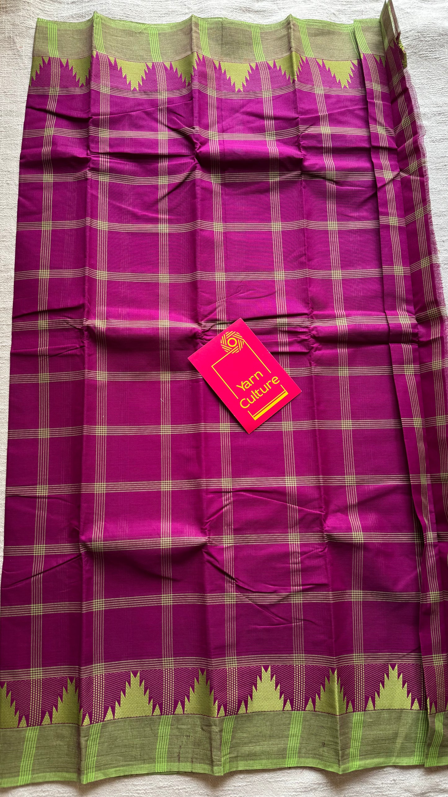 Chettinad cotton saree with magenta and lime green checks, temple motif border - YCCOTNAP69