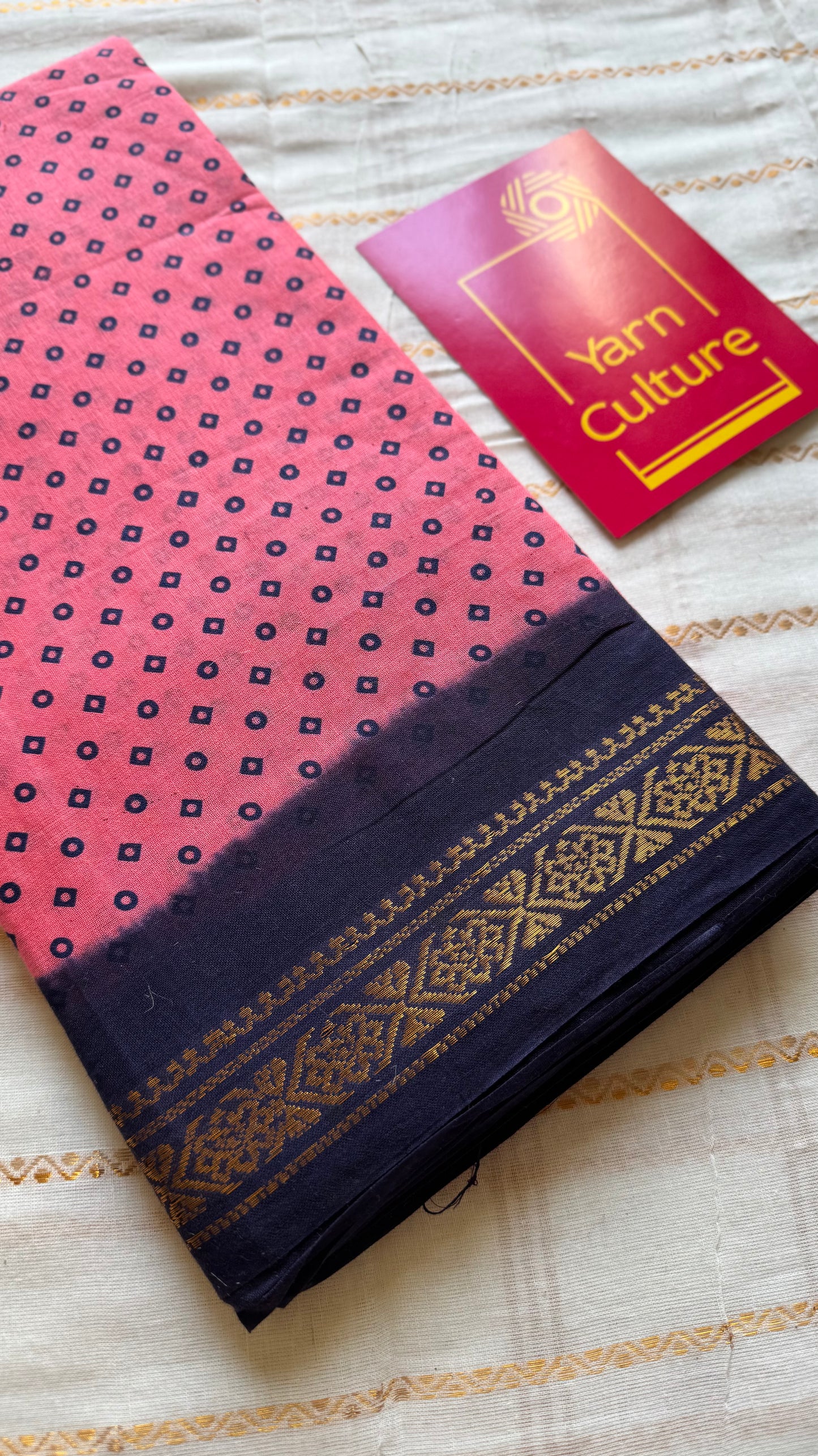 Peach pink with navy blue contrast, kattuchayam dyed madurai cotton saree - YCCOTNMA250