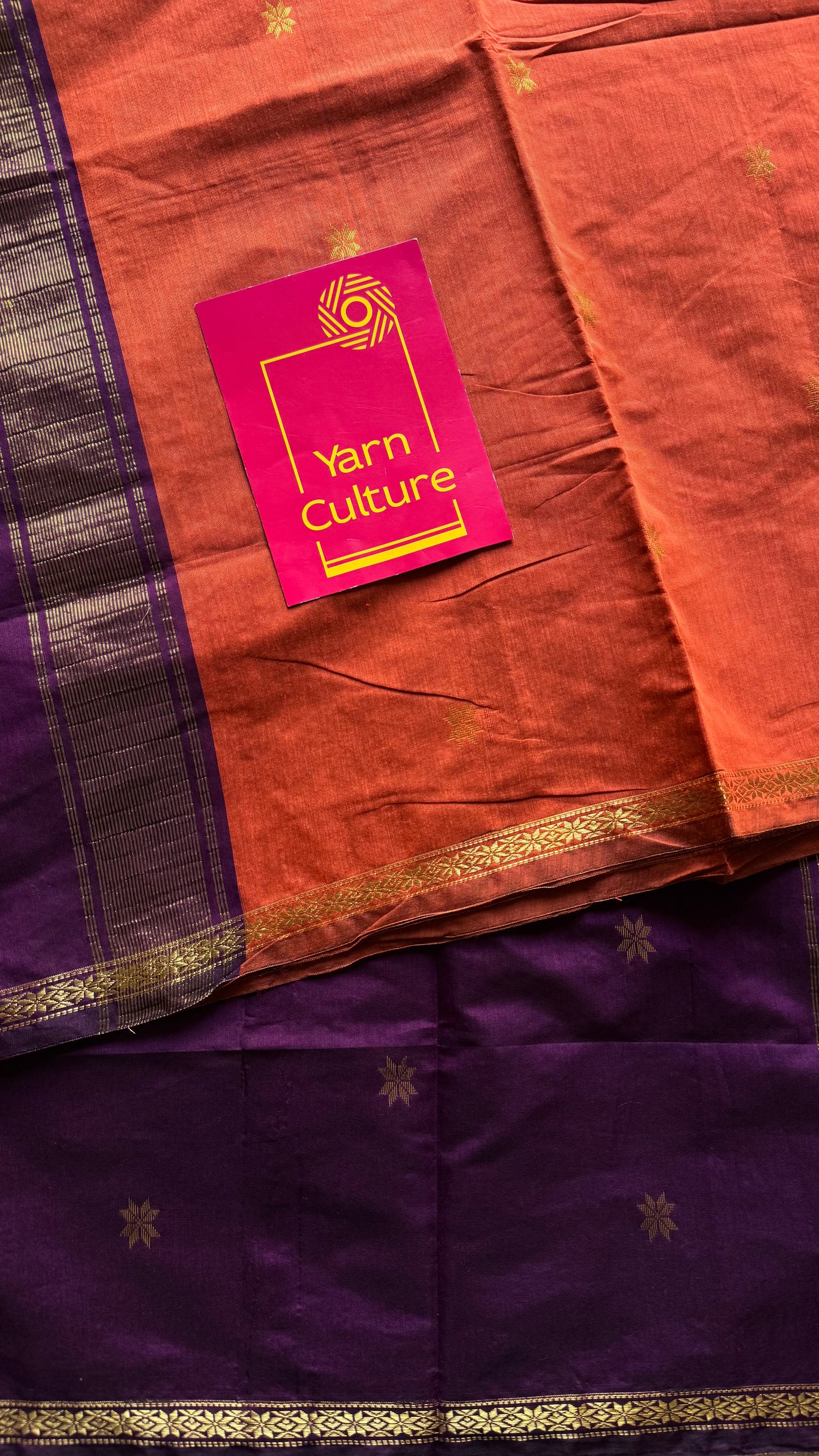 Dark orange with purple wine, gold buttas, semi maheshwari cotton silk - YCCOTNCSDE91