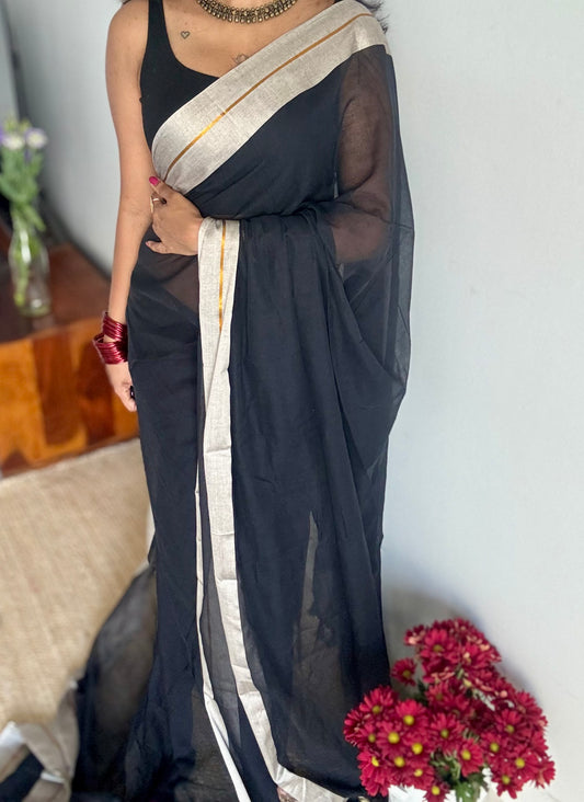 Black with grey border mul, thin antique gold zari gap border - YCBCMCLSE43