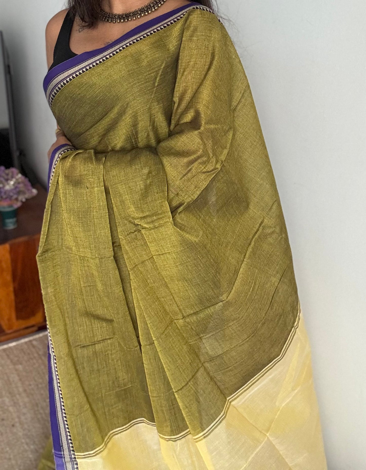 Lime green with purple border narayanpet saree, soft cotton - YCWOTDNPFE34