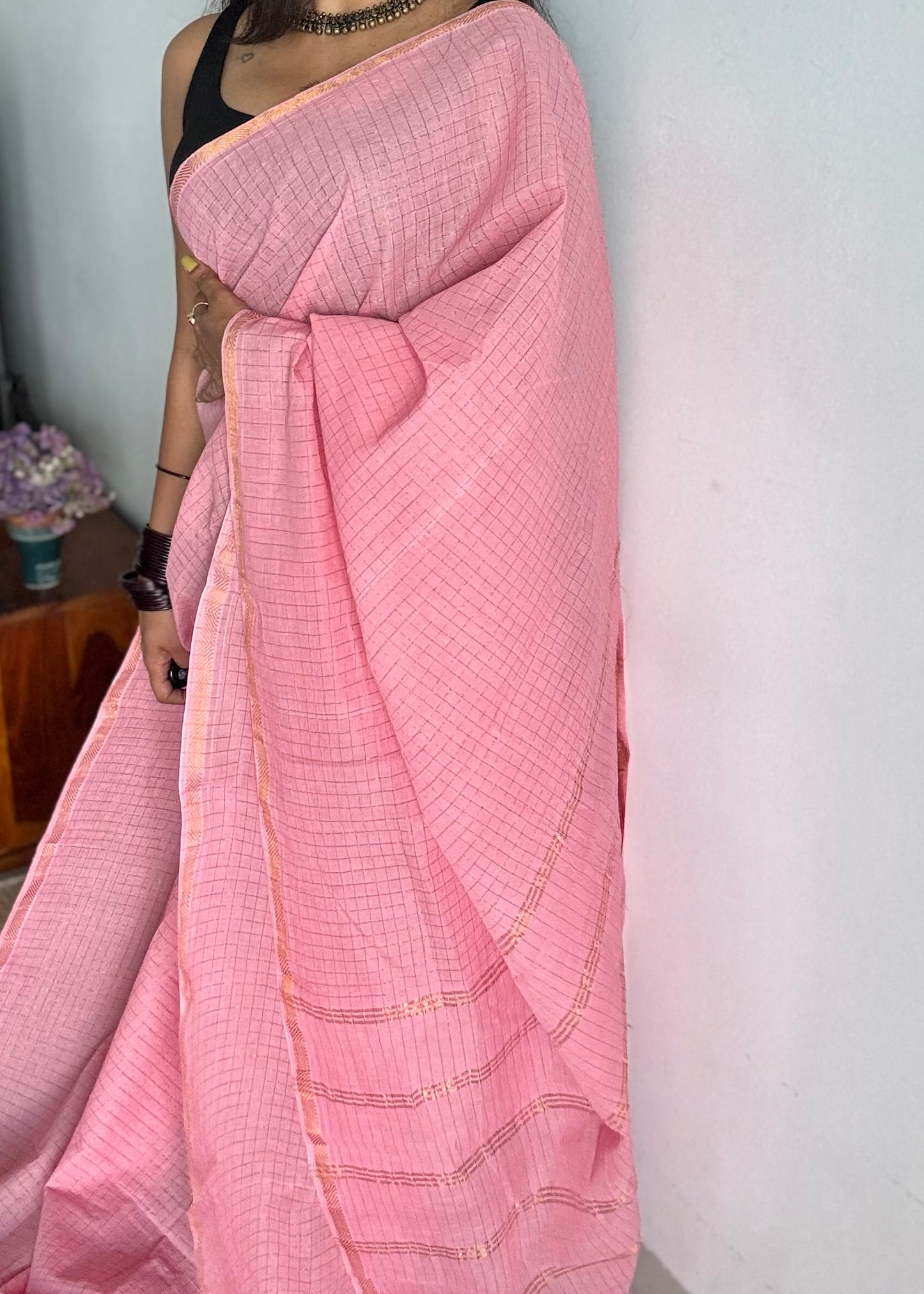 Baby pink mini kattam kattuchayam dyed madurai cotton saree - YCCOTNMSFE86