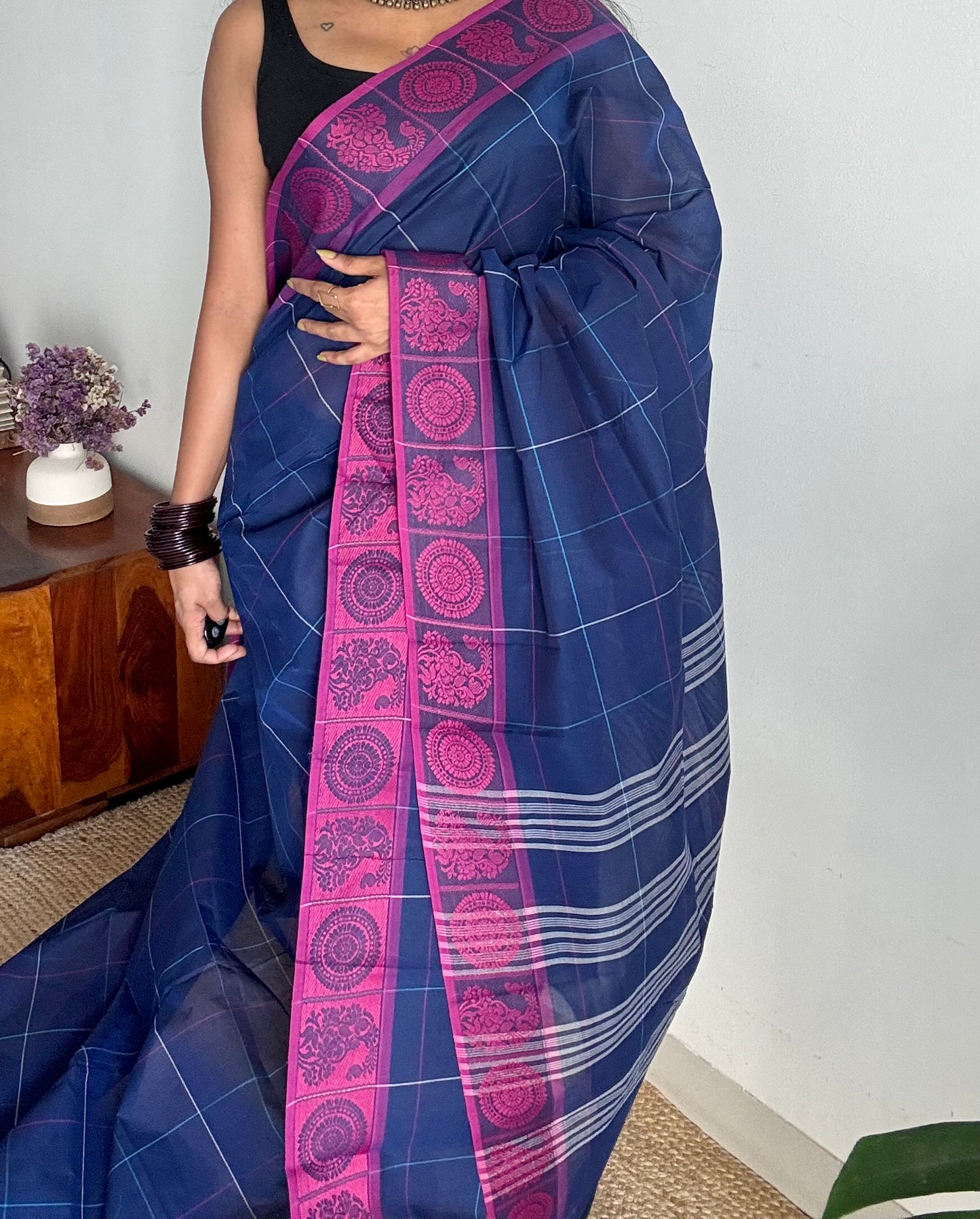 Chettinad cotton saree in dark blue with pink checks, thread motif border - YCCOTNJUCC06