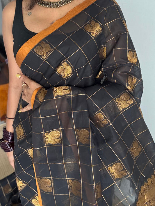 Black dual tone checks with peacock motifs, kanchi cotton saree - YCCOTNKCFE336