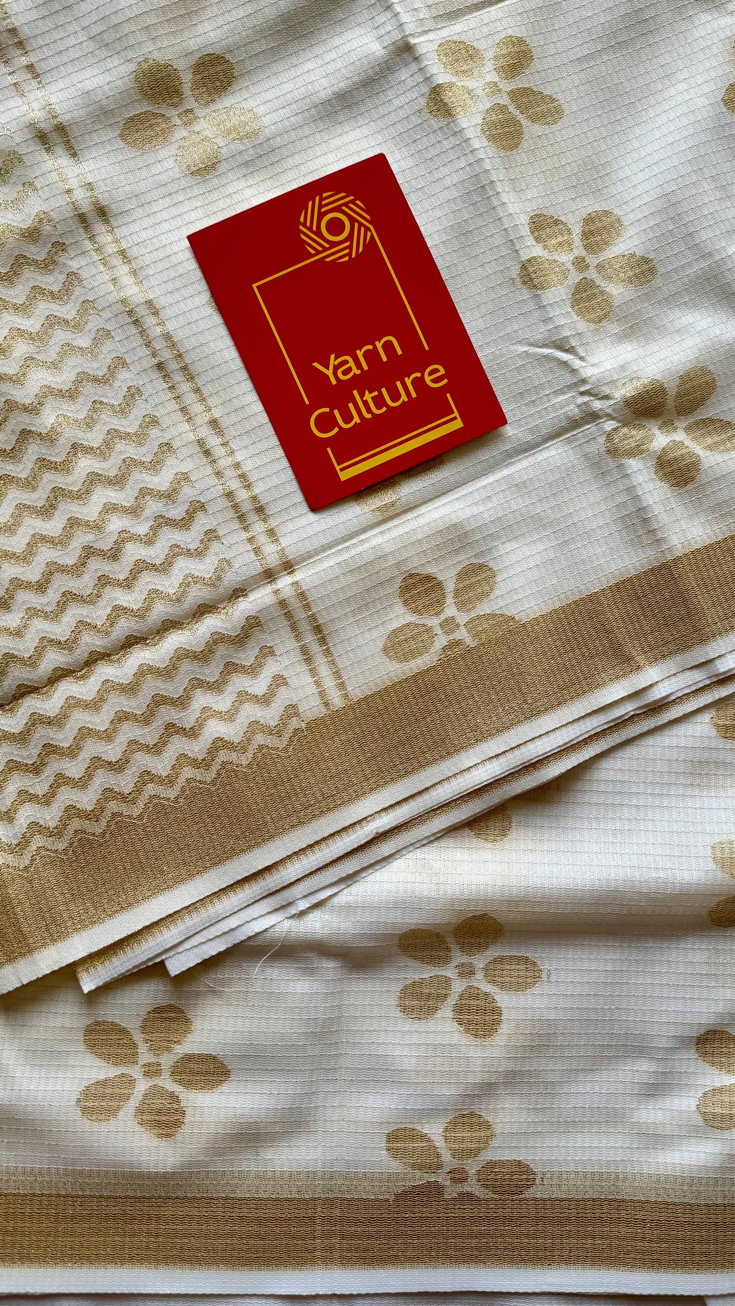 Ivory and gold soft net cotton saree, gold floral prints - YCIEON64