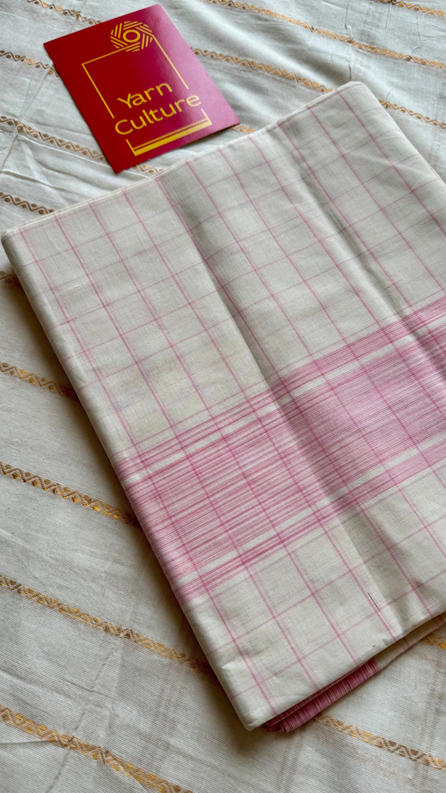 Handloom, woven in Chendamangalam Looms, ivory with pink checks, soft cotton saree - YCIEON150
