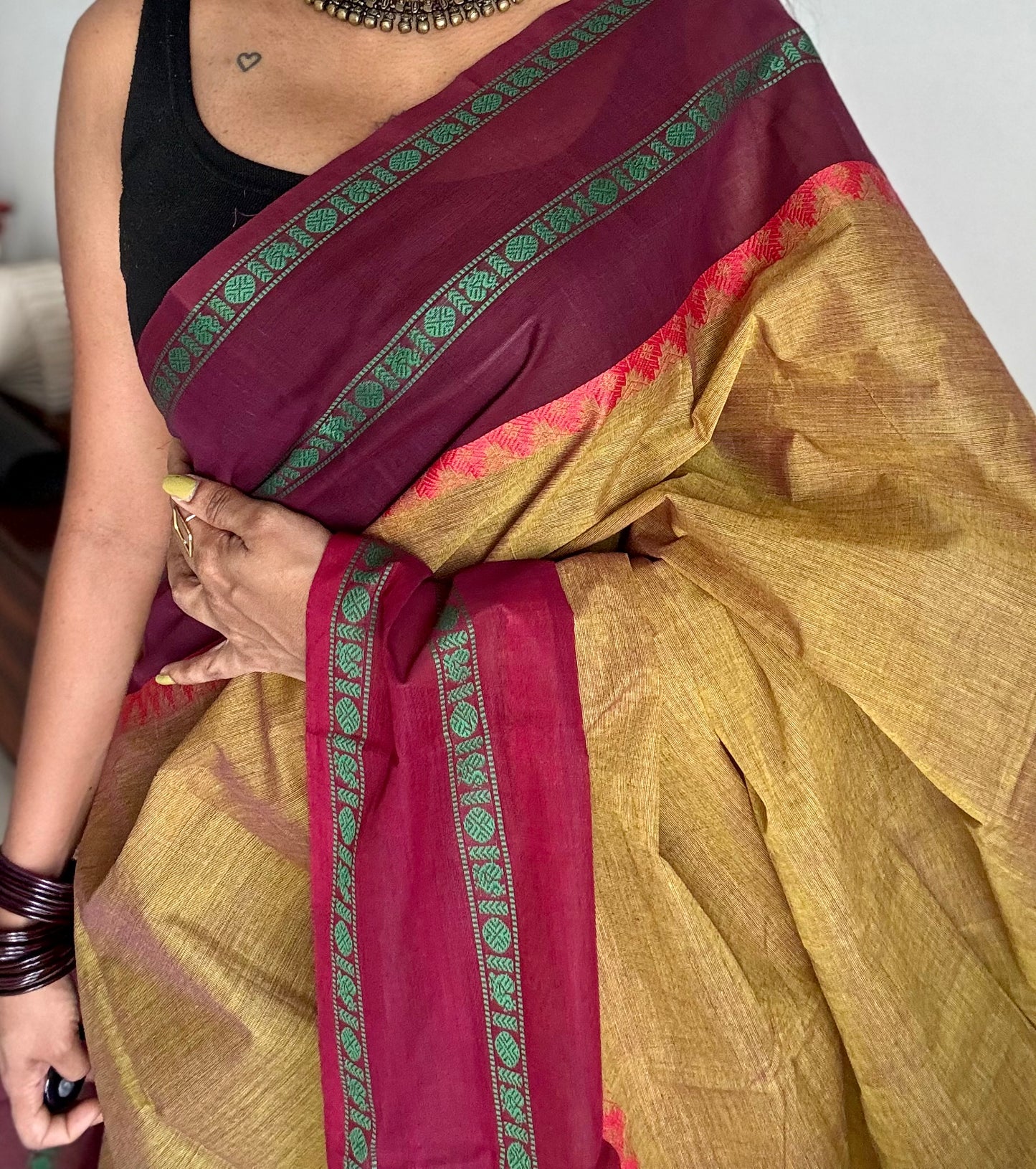 Chettinad cotton saree in ginger green with wine and maroon thread borders - YCCOTNJUCC12