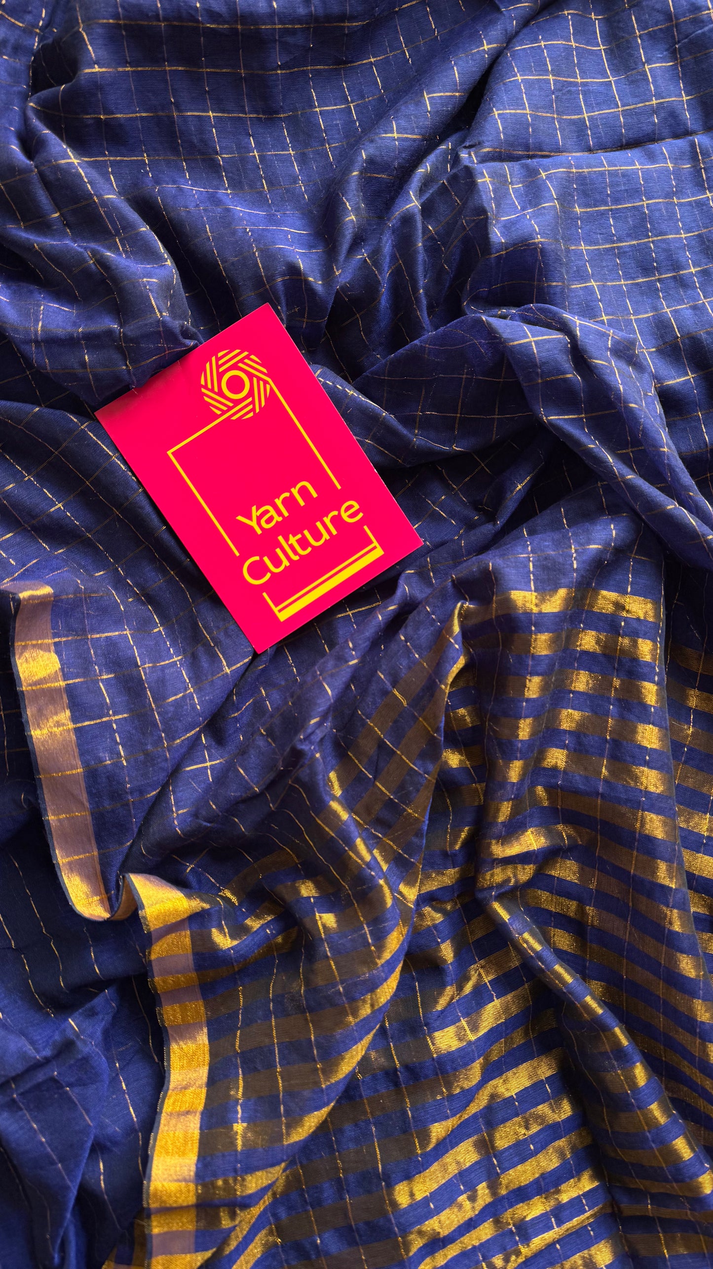 Dark blue mul with gold checks and zari border - YCBCMCJA04