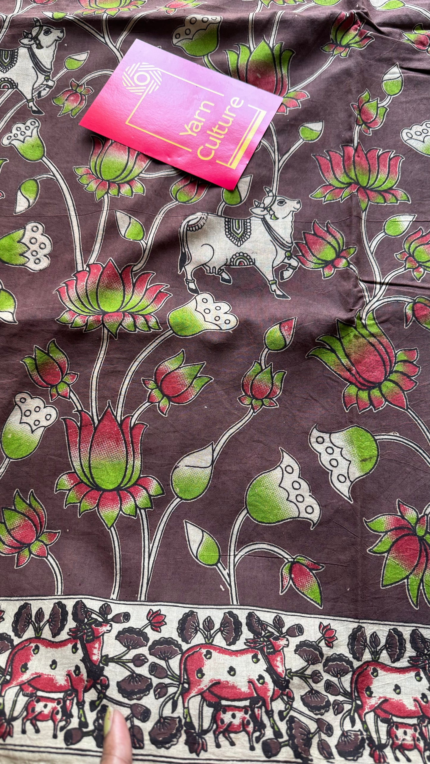 Brown kalamkari saree, multicoloured floral vines, soft cotton - YCWOTDMA344