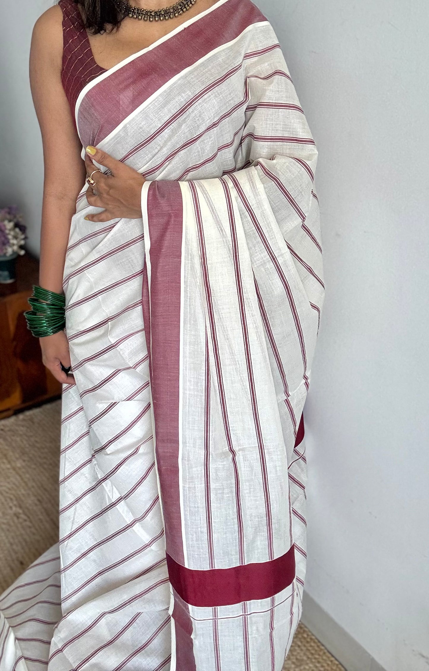 Ivory Kerala cotton saree with maroon stripes and border - YCIEKCFE324