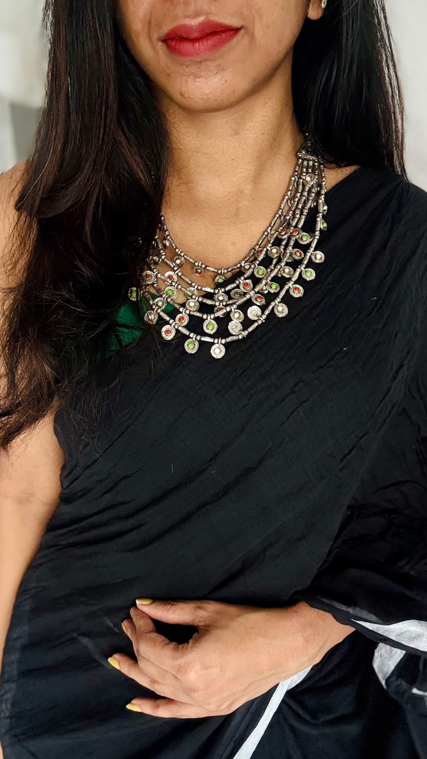 Multilayered coin necklace with coloured stones, oxidised silver - YCOSNP447