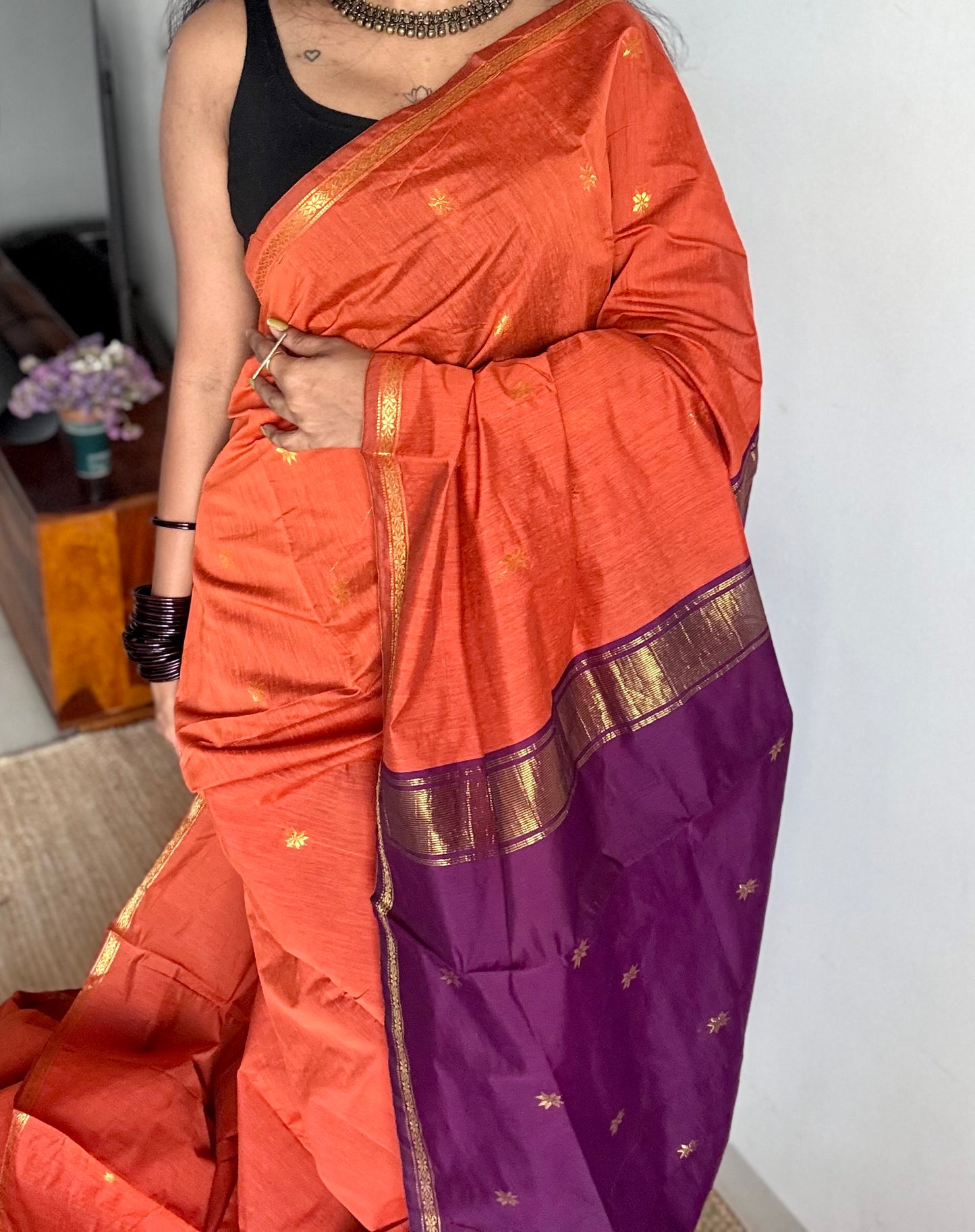 Dark orange with purple wine, gold buttas, semi maheshwari cotton silk - YCCOTNCSDE91