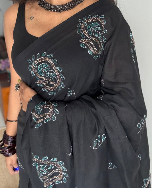 Embroidered black kantha weave in soft cotton - YCBCKKJA146