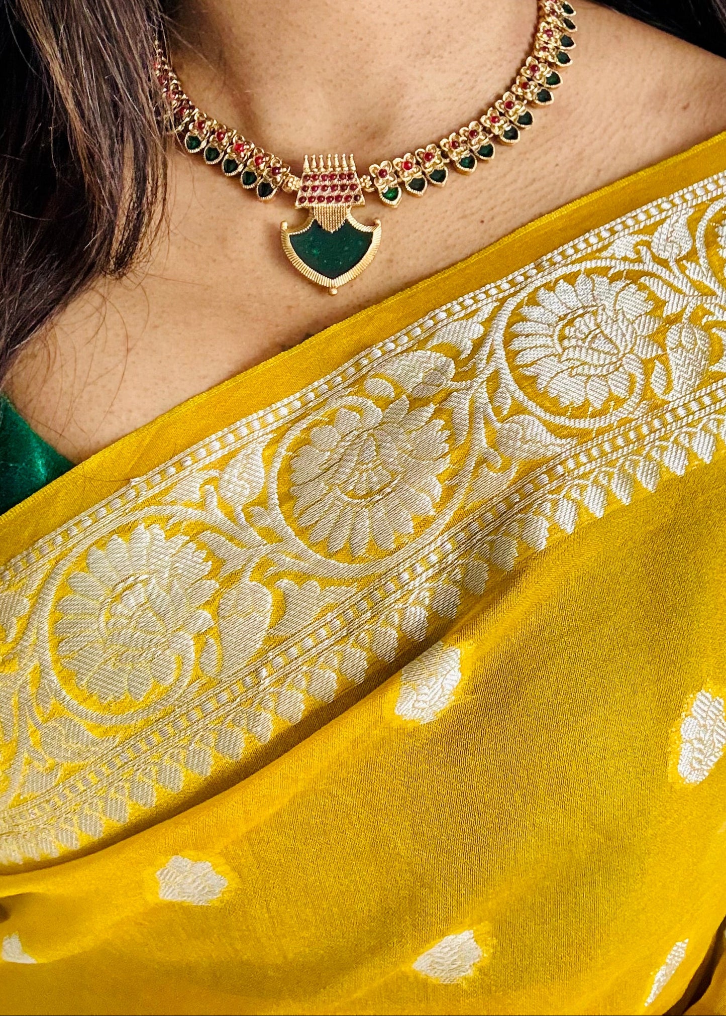 Green palakka pendant neckpiece with earrings - YCGPNP634a