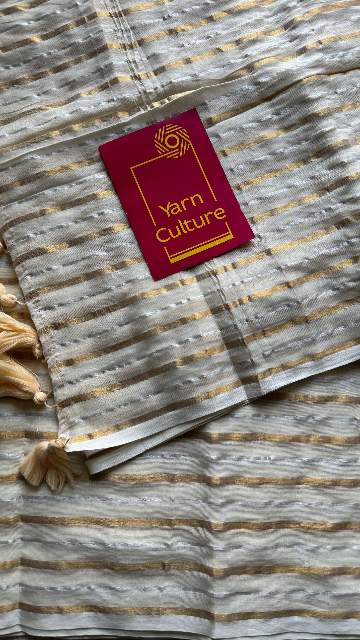 Ivory mul saree with gold and silver stripes - YCBCMCFE298