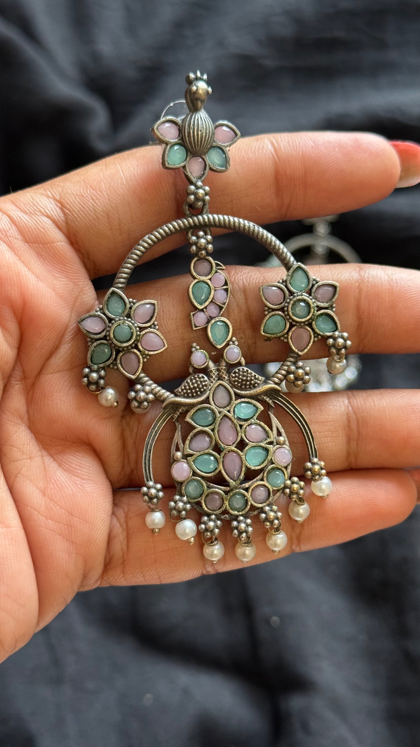 Peacock dangler earring with baby pink and mint stones - YCOSED593