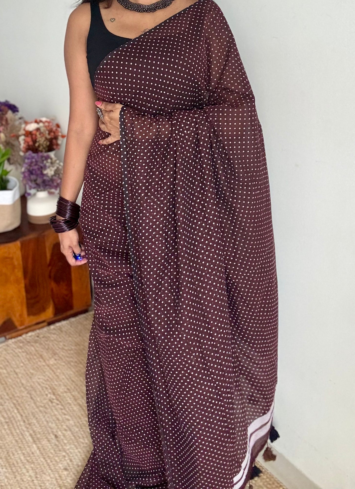 Brown with white polka dots mul cotton saree  - YCBCMCAP54