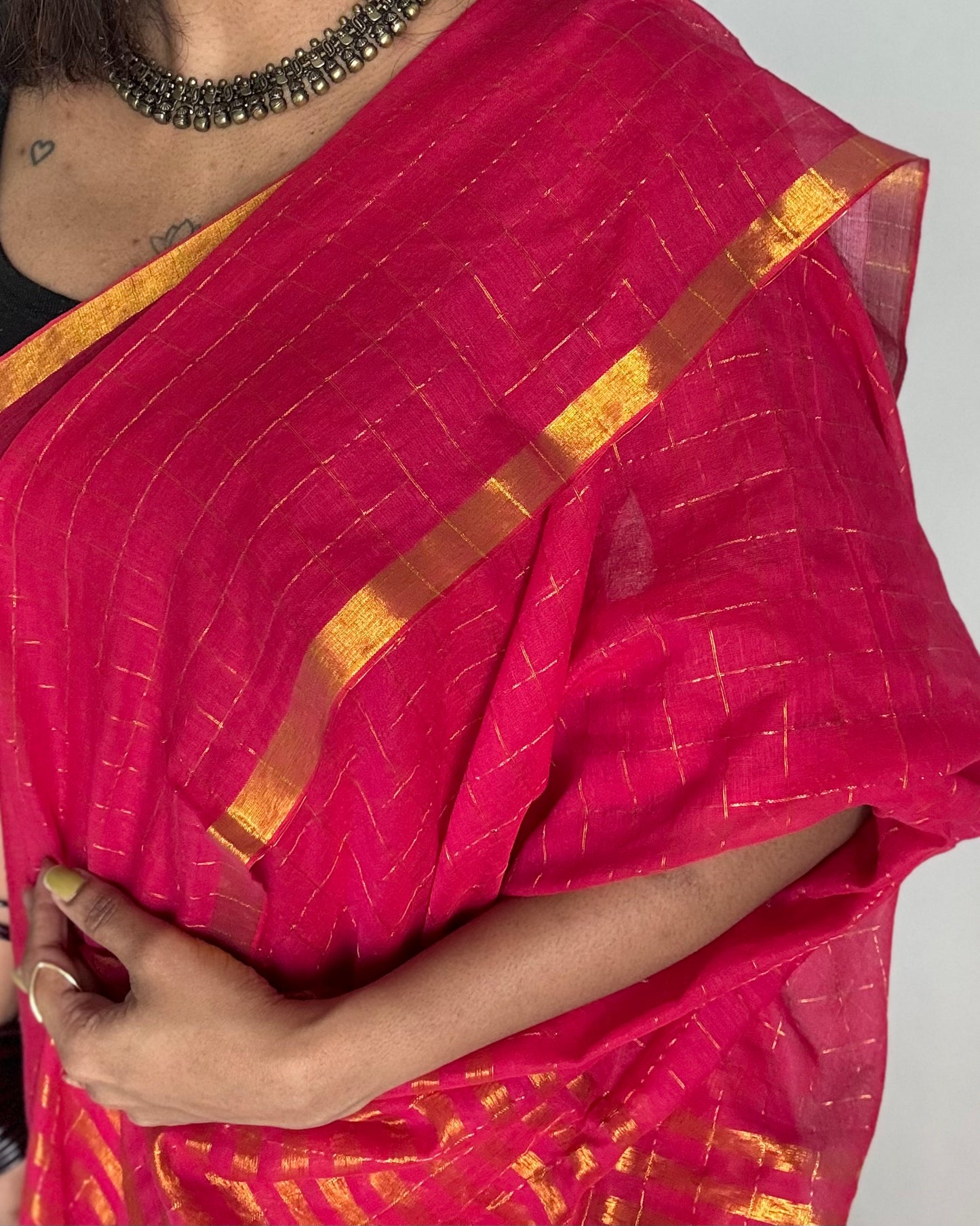 Hot pink mul with gold checks and zari border - YCBCMCJA05