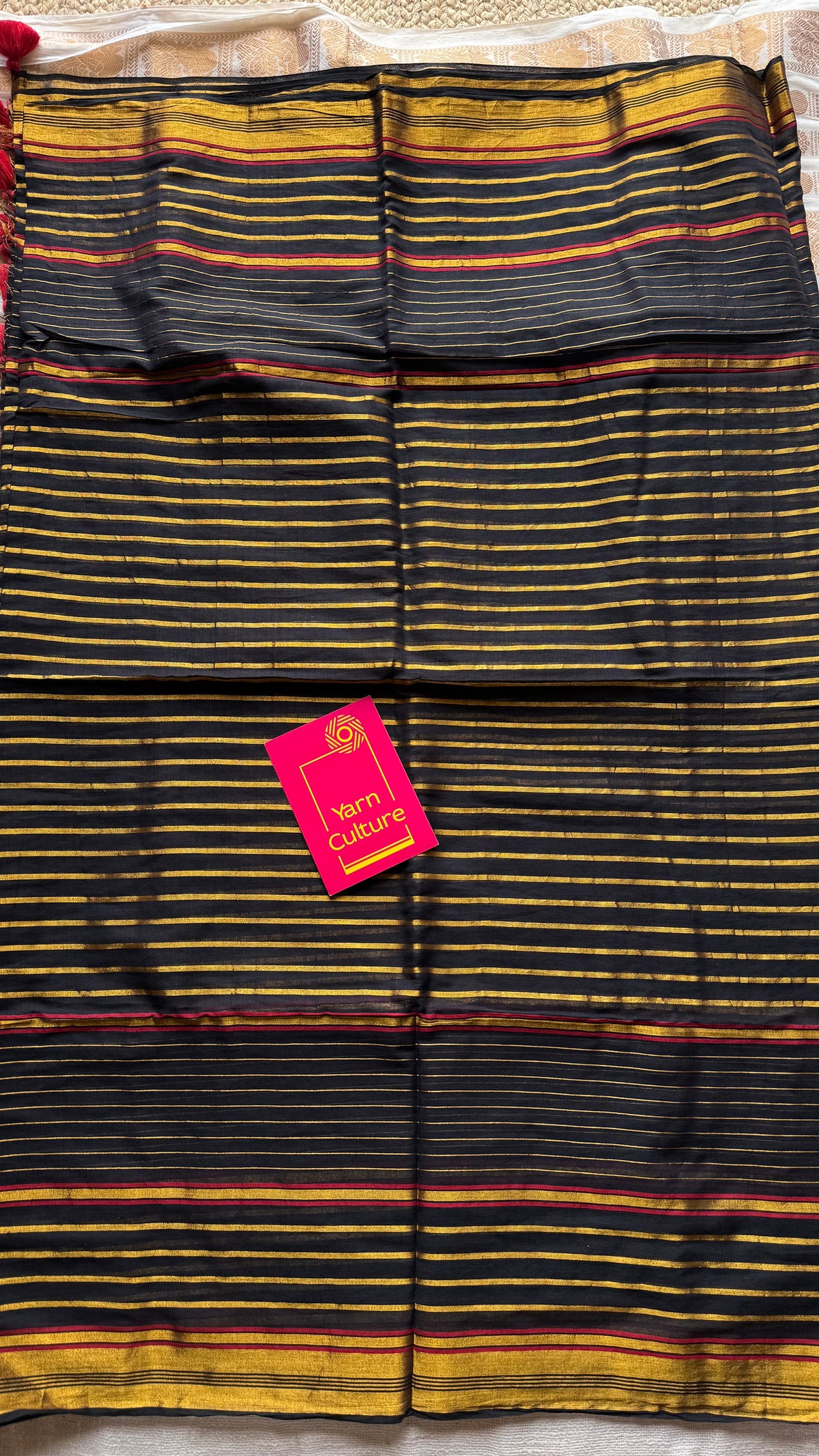 Black mul cotton saree with gold and maroon zari stripes - YCBCMCSE27