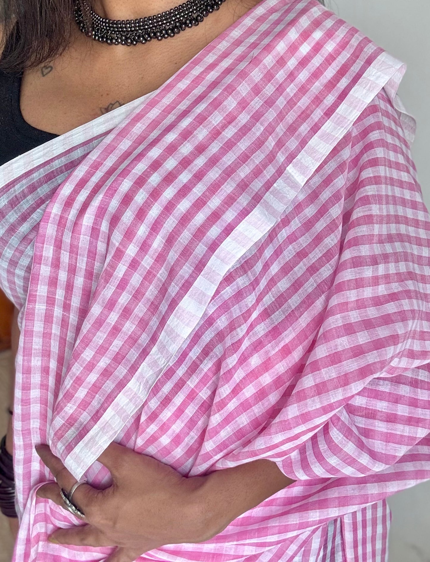 Light pink and white checkered mul cotton saree  - YCBCMCCMA28
