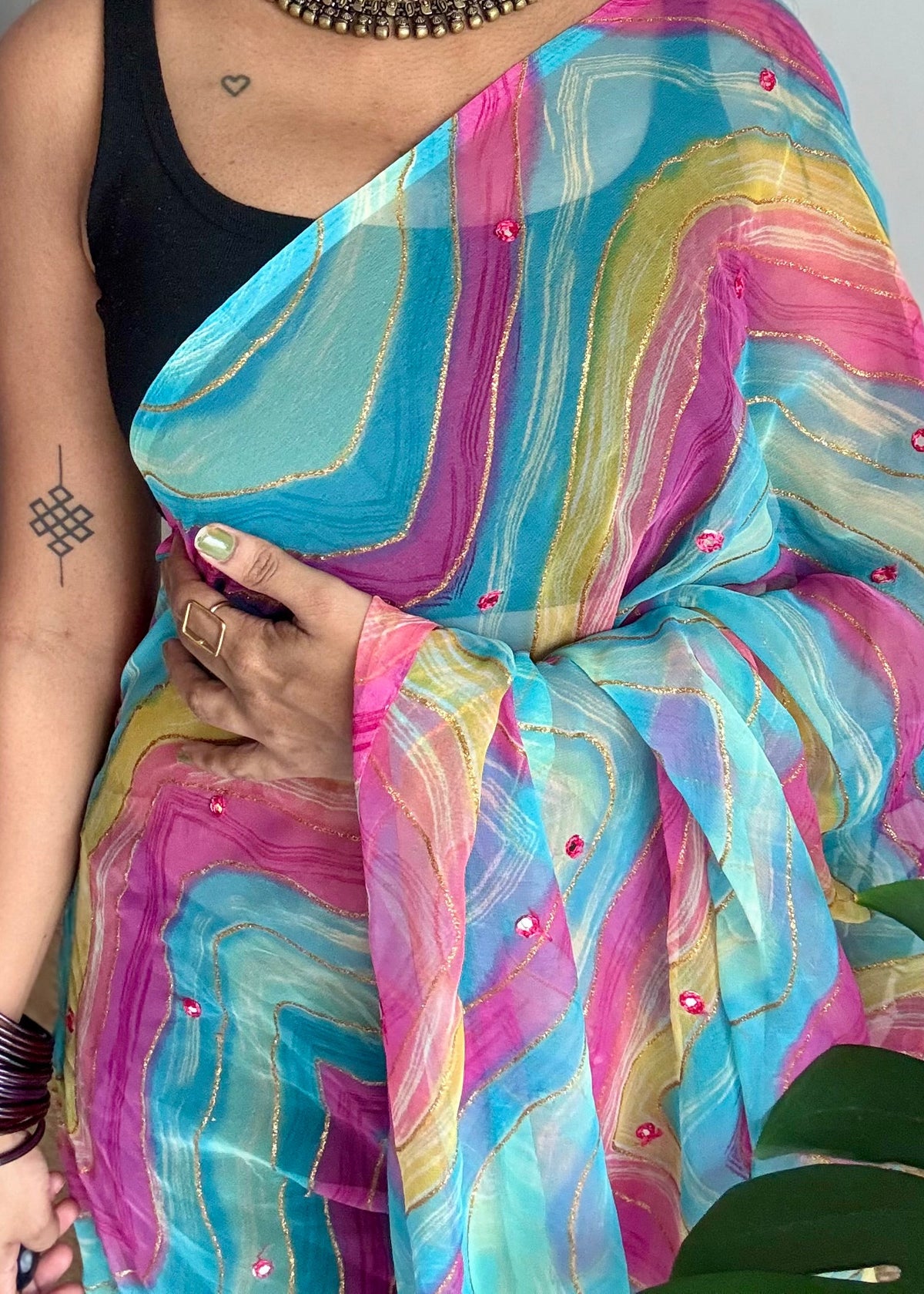 Blue multicoloured leheriya chiffon saree with mirror work  - YCTORLOC94