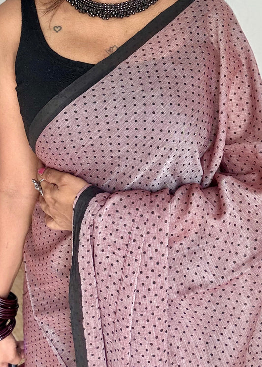 Warm greyish pink with black polka dots mul cotton saree  - YCBCMCAP50