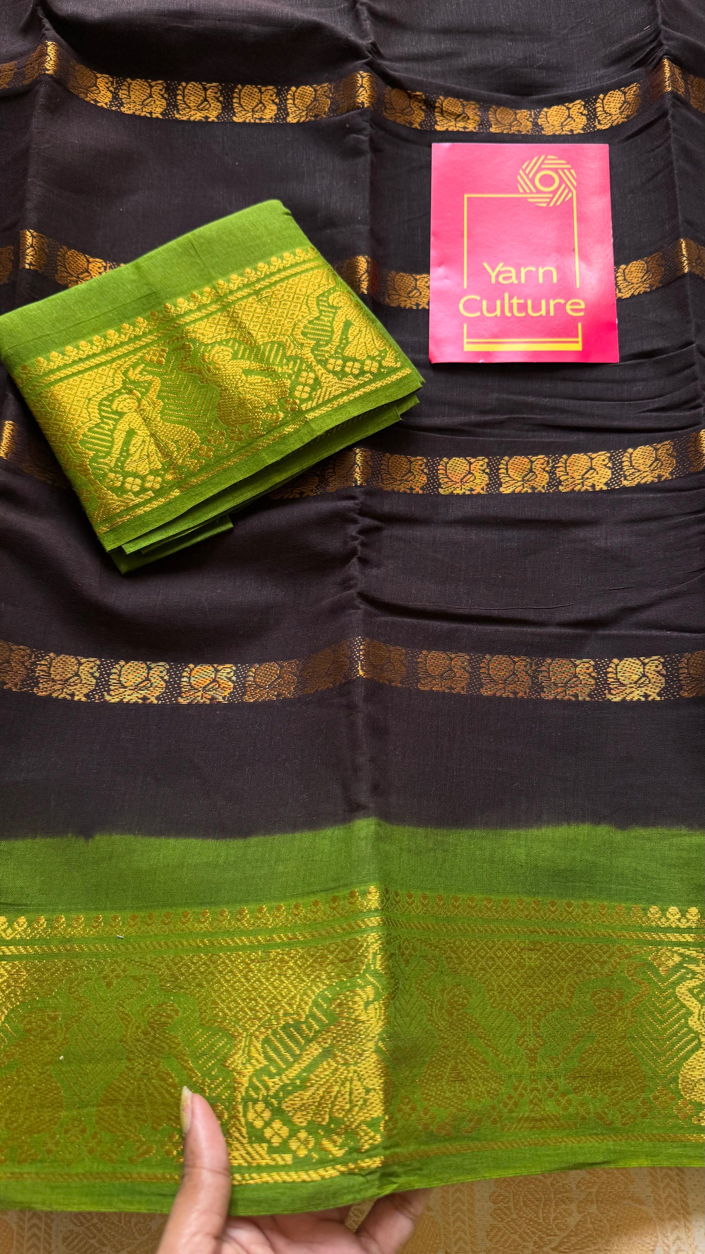 Black with green, multi peacock motif lines, kattuchayam dyed sungudi cotton - YCCOTNJUCC14