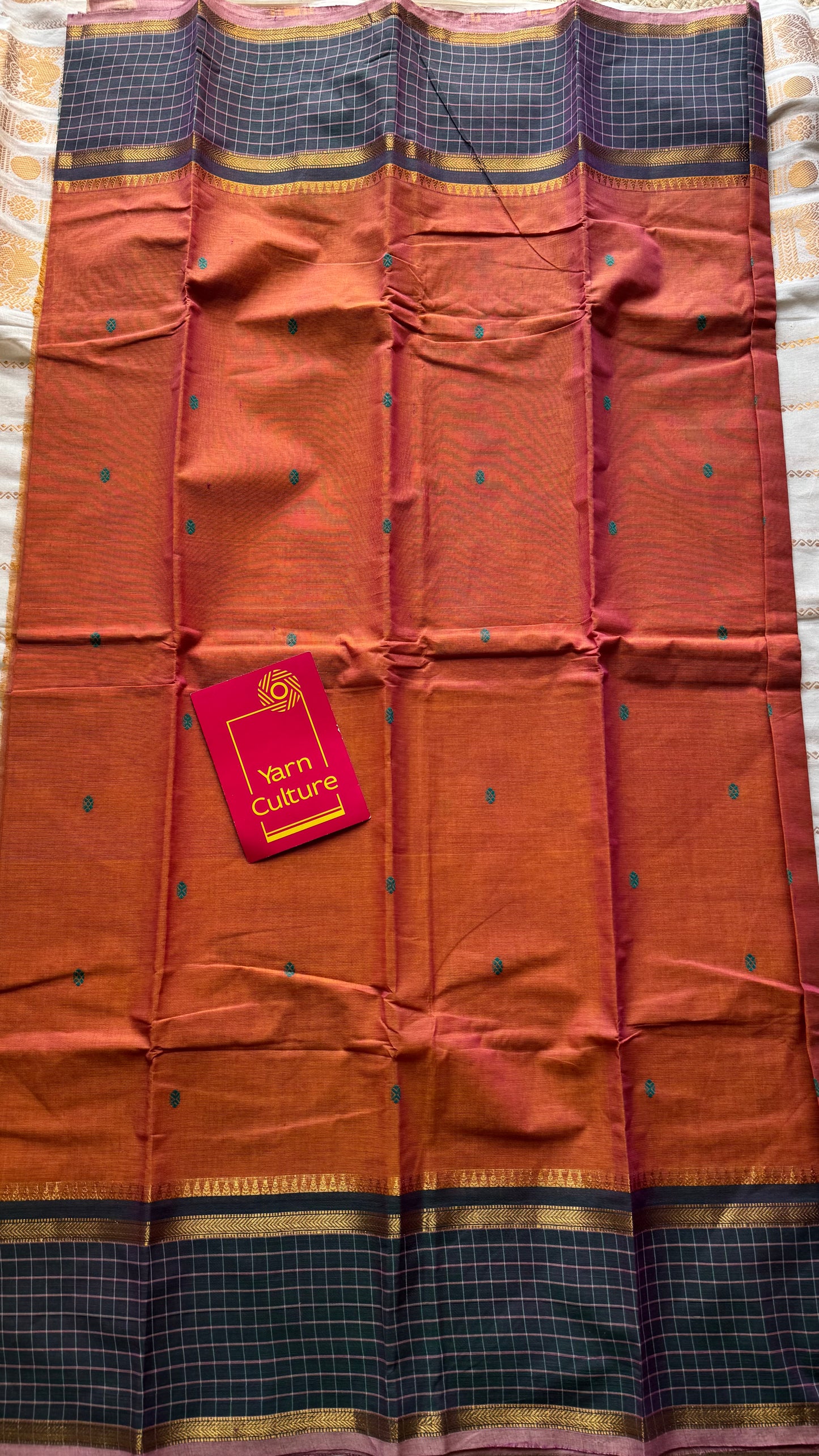Orange pink dual tone and dark greyish blue contrast, Chettinad cotton saree with checkered border - YCCOTNMA273