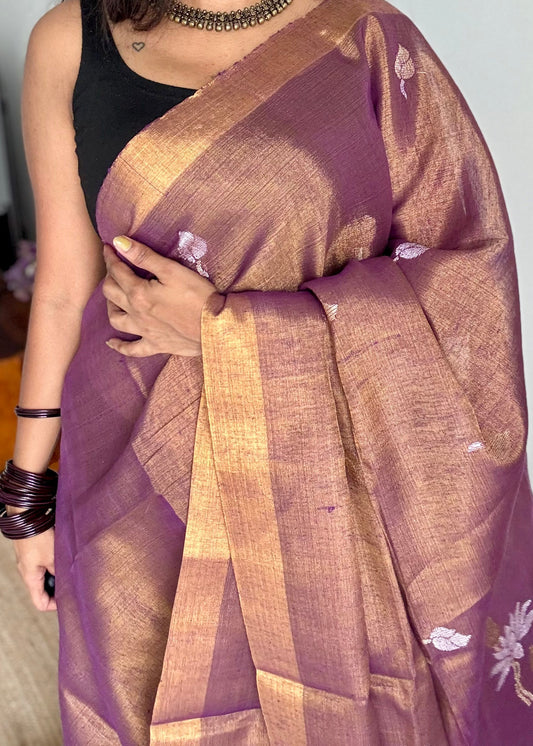 Handwoven purple gold dual tone tissue linen saree with lotus motifs - YCBCLTFE401