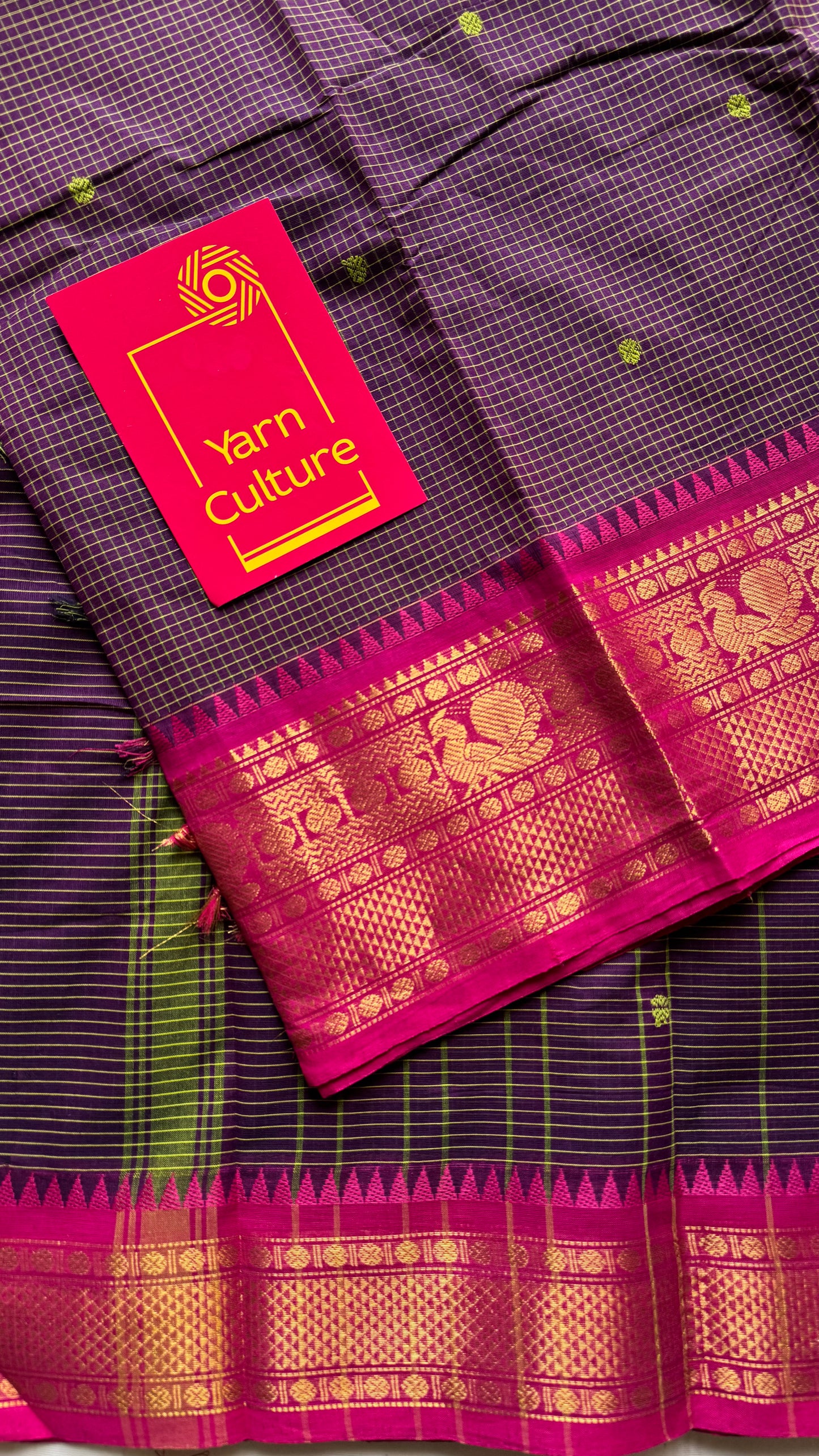 Dark purple with pink contrast, checkered kanchi cotton saree - YCCOTNJU19