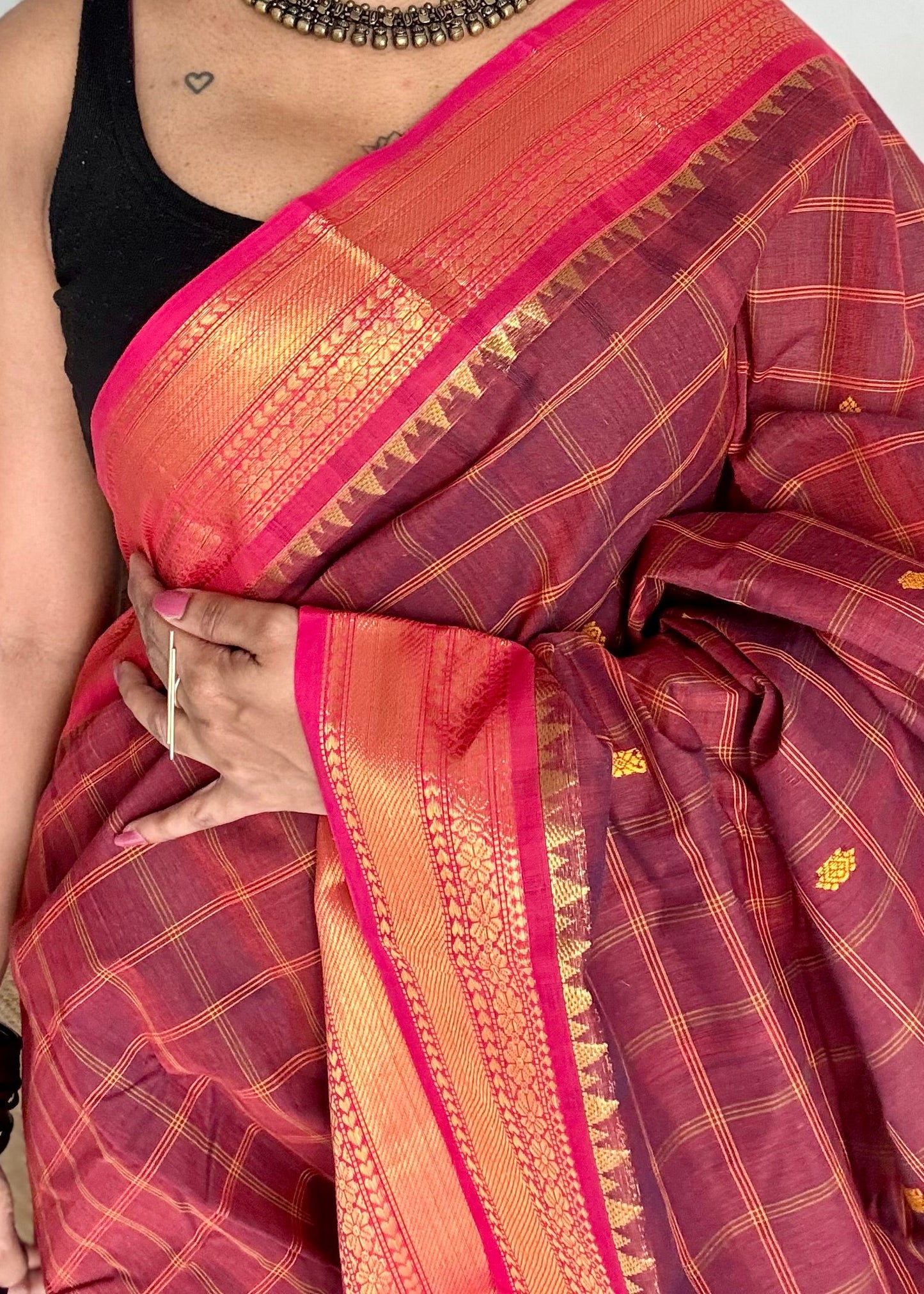 Maroon and fuchsia pink contrast, checkered Chettinad cotton saree - YCCOTNMA266