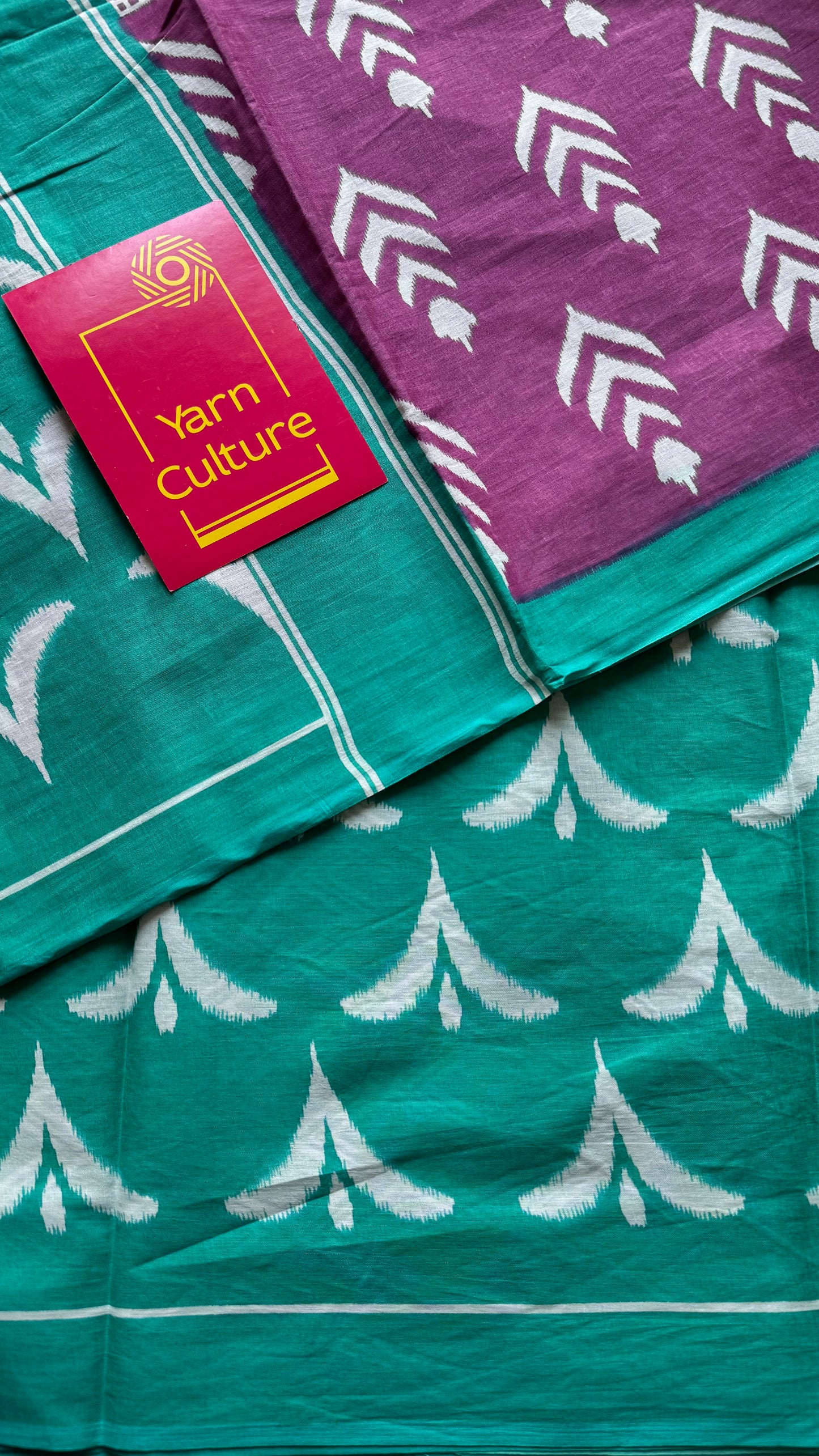 Magenta with turquoise green and white motifs, soft cotton saree - YCTORCMA06