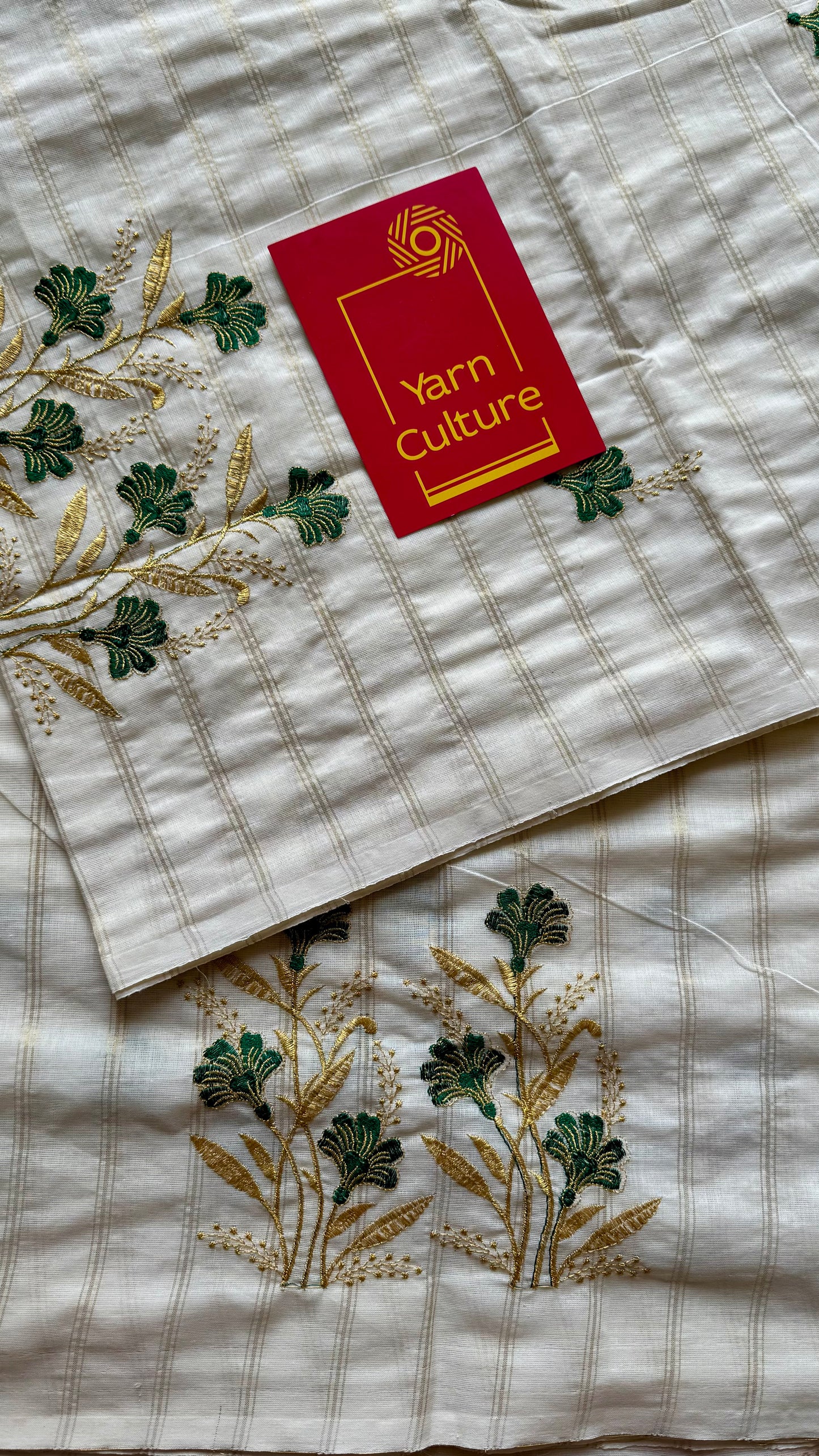 Ivory and gold soft cotton saree, dark green floral embroidery  - YCIEON51