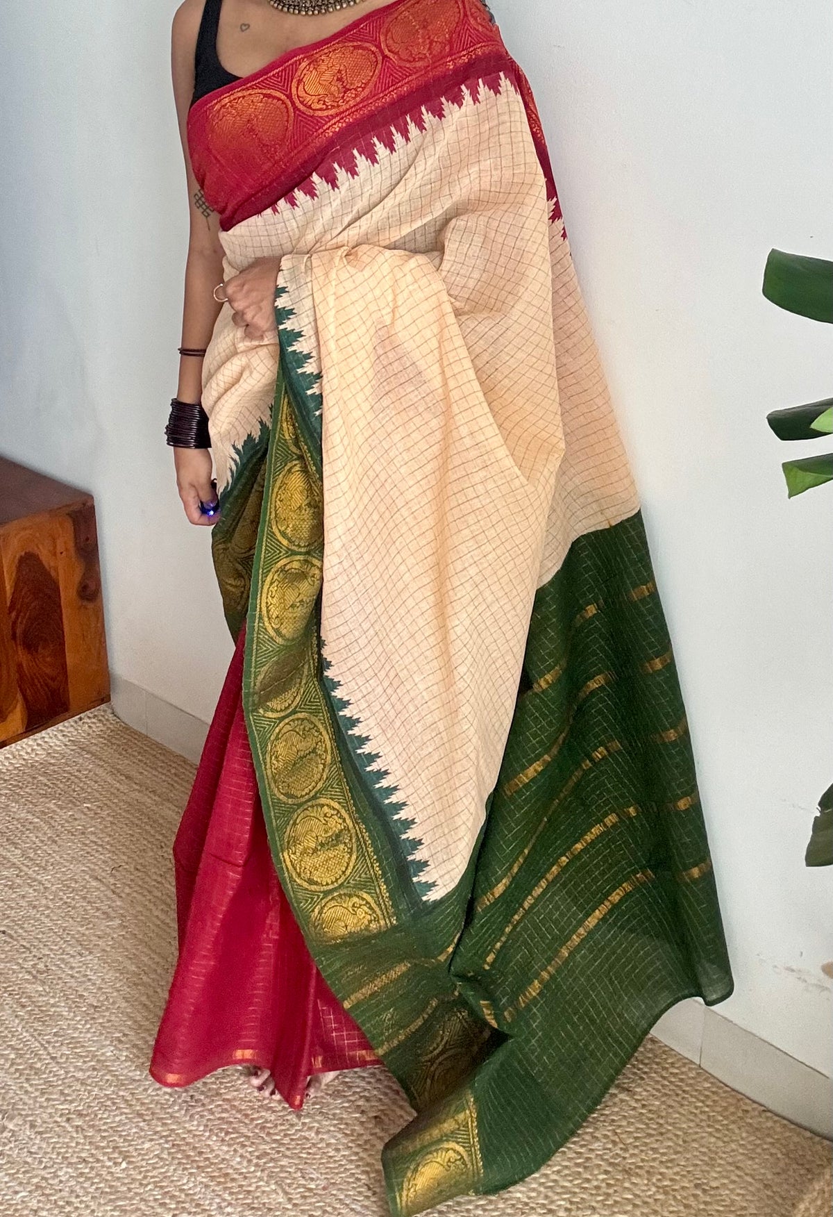 Cream with red and green, sungudi cotton half-half saree - YCCOTNIDOC11