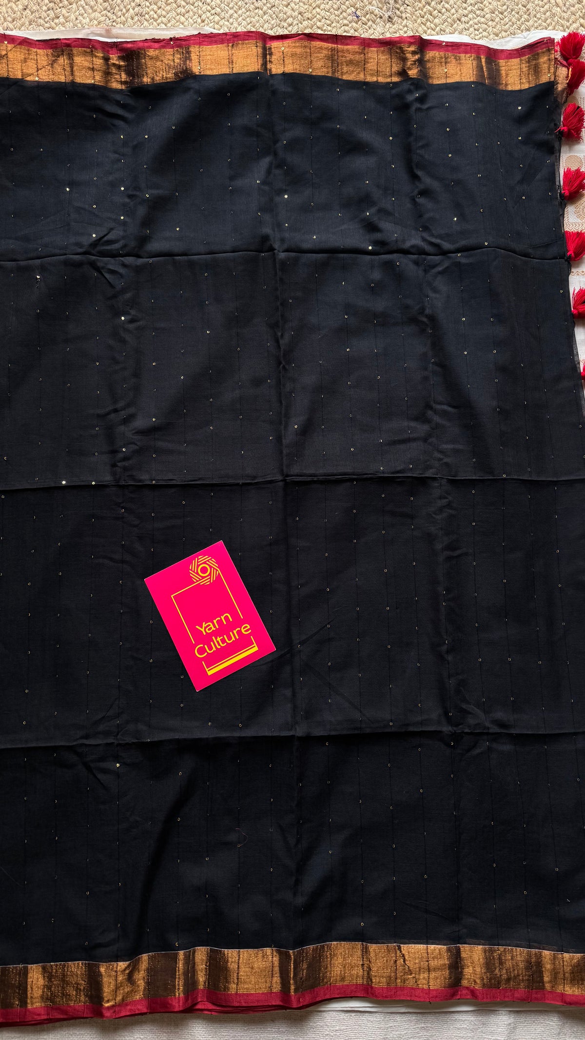 Black mul cotton saree with sequins and zari border - YCBCMCSE29
