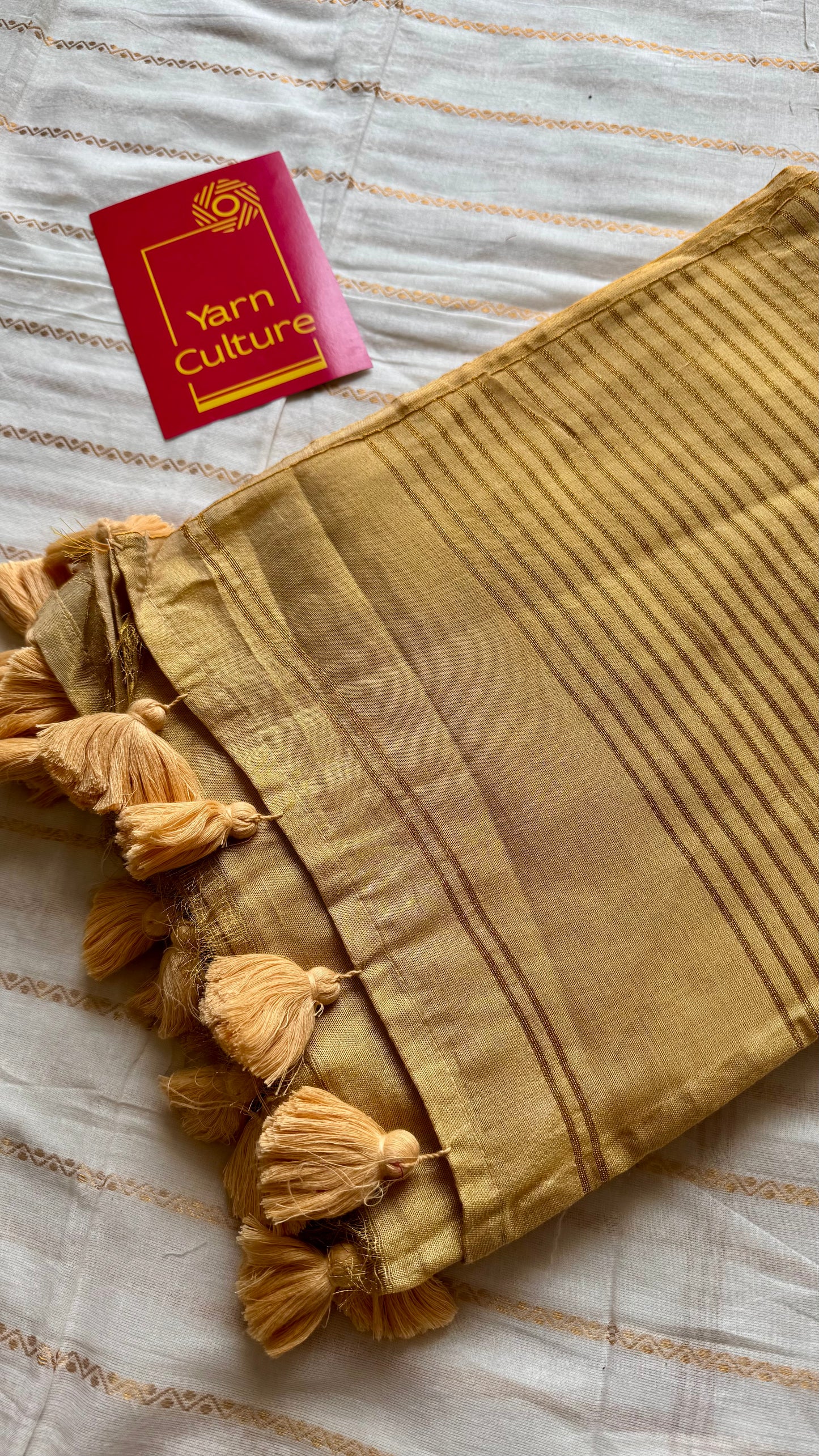 Plain gold mul tissue saree, striped pallu - YCIEON07